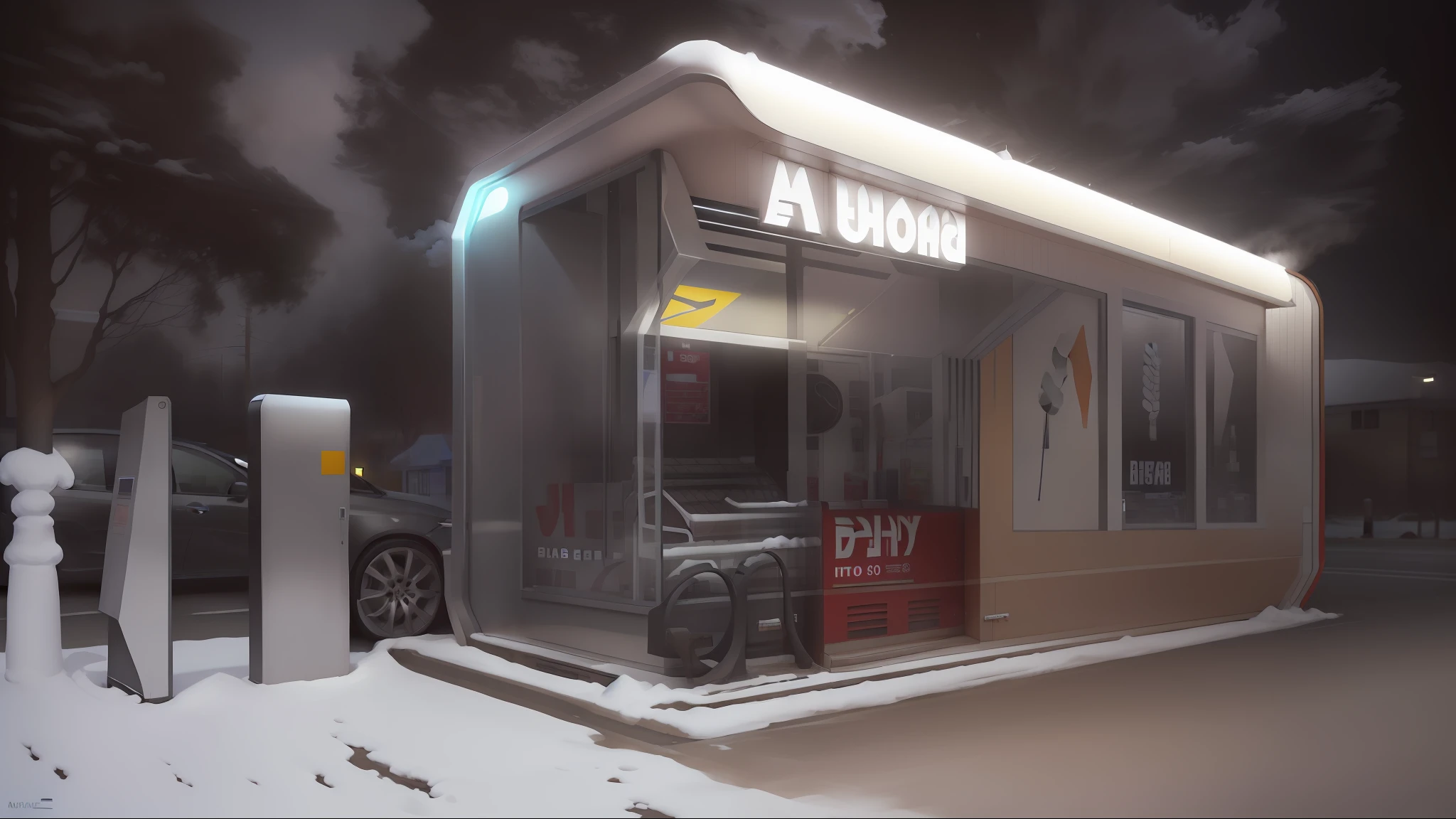 arafed image of a car parked in front of a gas station, by Adam Marczyński, by Emma Andijewska, by Oskar Lüthy, instagram post, by Gavin Nolan, award winning shopfront design, by Ivan Mrkvička, tiny, by Konrad Witz, by Luis Miranda, by Aya Goda