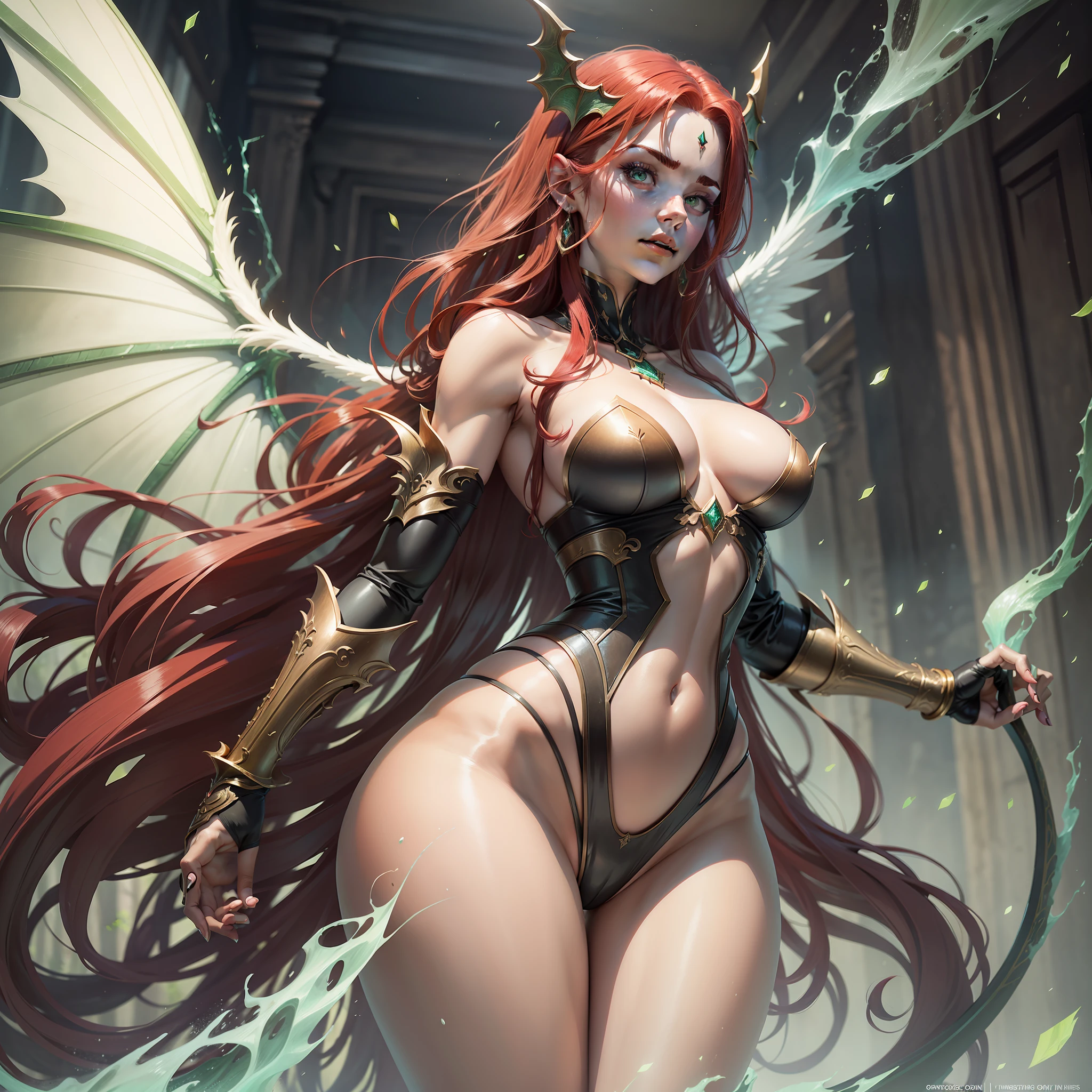 Sasha, as the Dragon Queen named Zalara, is a towering figure standing over eight feet tall with long, flowing red hair that cascades down her back. She has a lithe and toned body with curves in all the right places, and her skin is a deep, rich bronze color. Her face is sharp and angular, with piercing green eyes that seem to glow in the dim light. Her lips are full and red, and she has a small nose that only serves to enhance her already striking features. She wears a suit of armor made from the finest metals, and she possesses a pair of large, leathery wings that stretch out from her back, a deep, vibrant red matching the color of her hair.