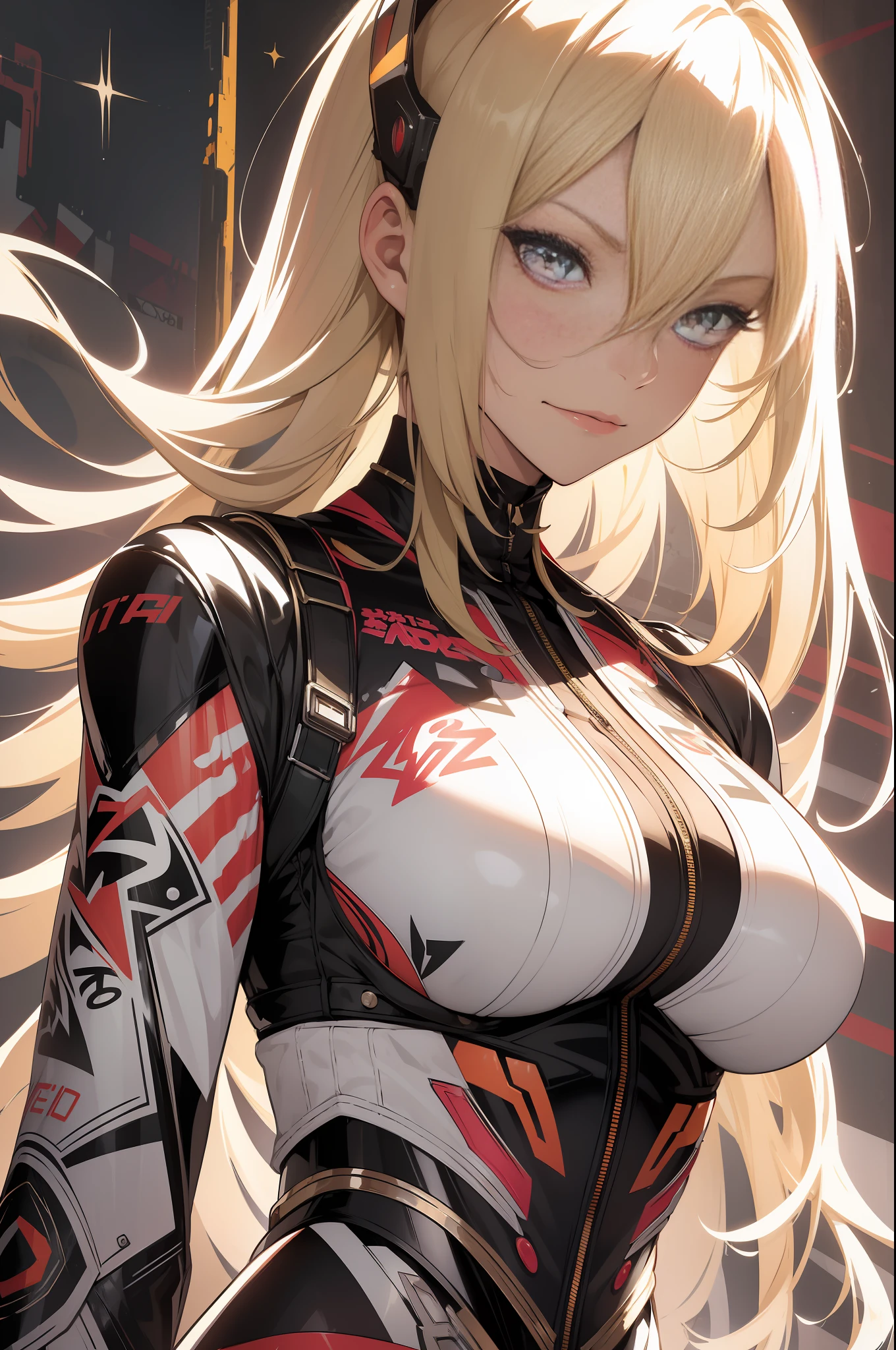 background, language_text, Japanese letters in graffit, girls, long blonde hair, excellent lighting, sidelighting, perfect ultimate (flat color: 1.3), (magazine_cover: 1.4), (multicolored_background: 1.3), striped_background, card_background, circular pieces of white metals glued to the ultra detailed arms coming out sparkling shine, , perfect and detailed, ultra detailed shirt with abstract design and with Japanese letter print in graffit of the sides of the clothing, image of girls with big breast, on top of a futuristic motorcycle, with immersive effects, hover effect, background graffiti style tribal tattoo with flowers and vibrant colors, "ultra HDR" detailed and with focus effect, (masterpiece: 1.2, best quality), (beautiful eyes with huge eyelashes finely detailed: 1.2), , ((Solo)), (Finely detailed eyes and detailed face: 1.3), in various full-body attack poses, (cute background: 1.2),futuristic costume, super detailed circular metals Grabbed on arms and pants, fantastic paintings