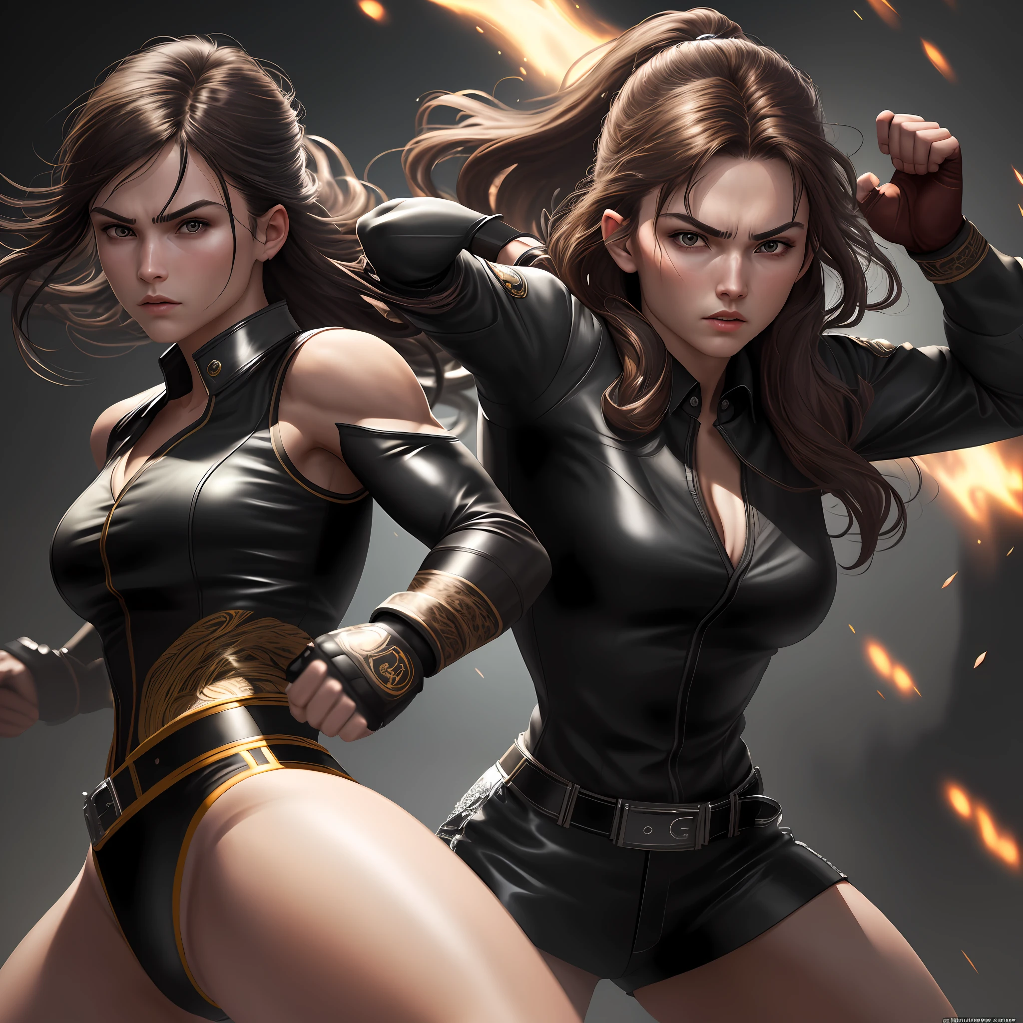 ((masterpiece)), best quality, ultra-detailed, extremely detailed CG unit 8k wallpaper, realistic rendering, beautiful female fighter, dynamic pose in the middle of the punch, defined musculature, dark brown mullet hair, black jacket and black blouse, hand wraps, striking look, dramatic lighting.