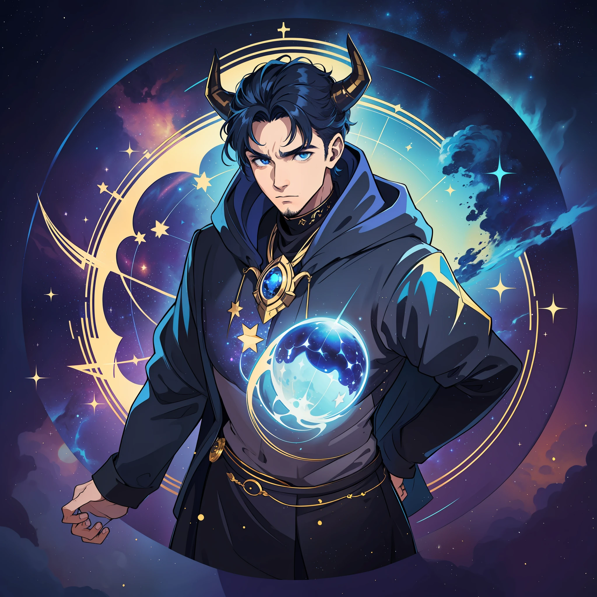 create a man with unique characteristics, inspired by the sign of Taurus and the cosmological stars. An artistic representation of the essence of this sign, with striking features and a mysterious aura.