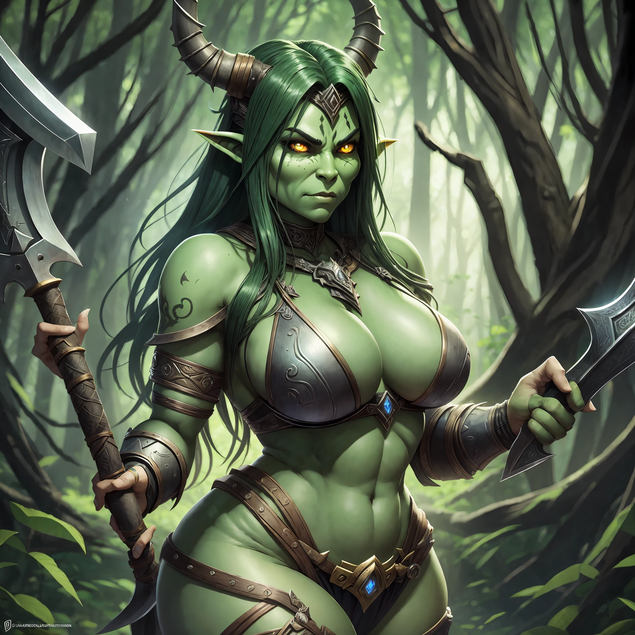 beautiful female orc, with big thighs, nice hips, nice waist, big breasts, flowing hair, green skin, holding an axe, wearing animal skin clothes, iron armor and adorned with animal bones, 8k ultra realistic --auto --s2