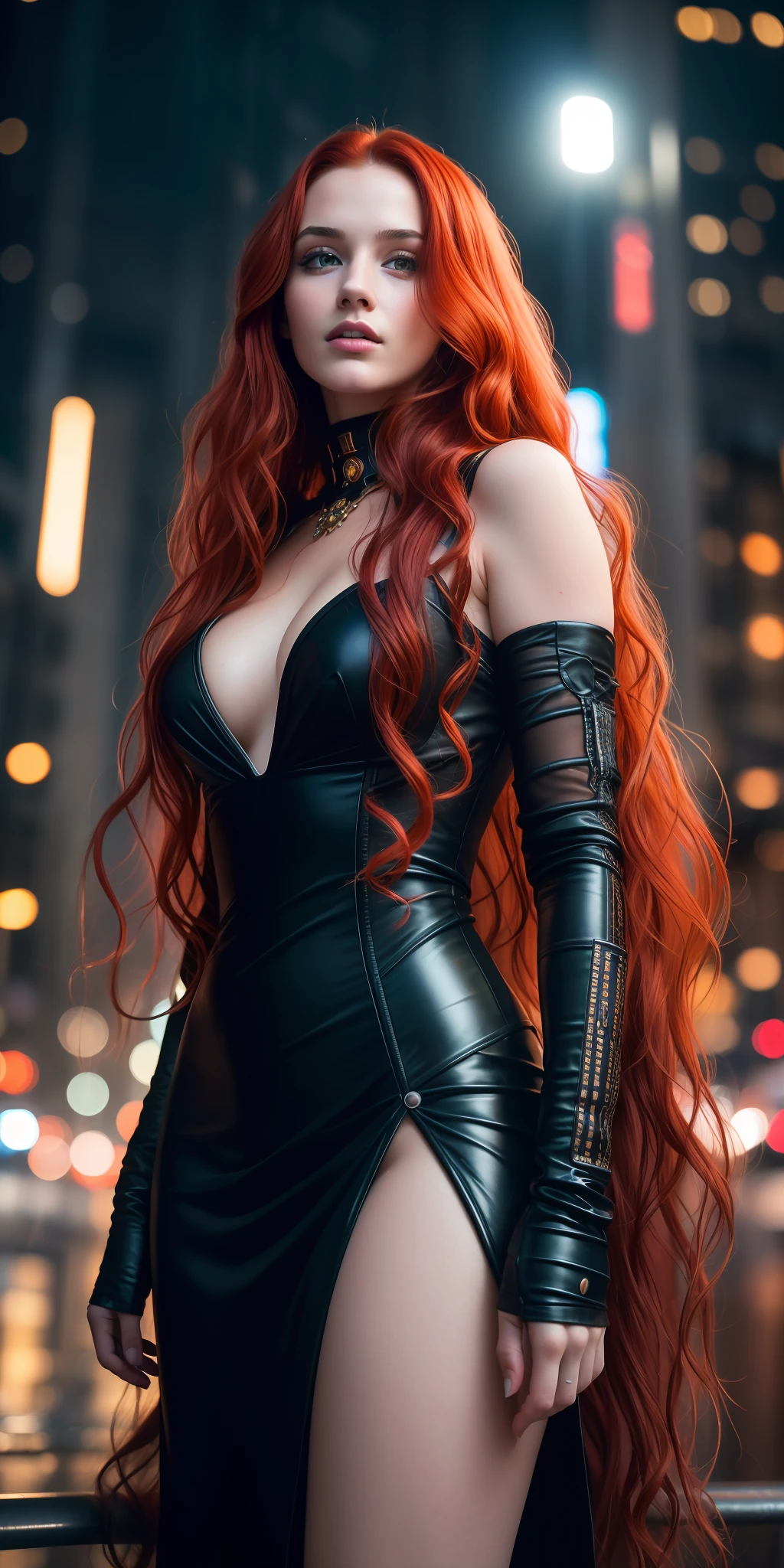 photo of a 25-year-old European girl, RAW, beautiful woman, (extra long wavy red hair), ((portrait)), ((detailed face: 1.2)), ((detailed facial features)), (finely detailed skin), pale skin, highly detailed deep neckline cyberpunk dress, megacity environment, (cool colors), damp, damp, reflections, (masterpiece) (perfect proportion)(realistic photo)(best quality) (detailed) photographed on a Canon EOS R5,   50mm lens, F/2.8, HDR, (8k) (wallpaper) (cinematic lighting) (dramatic lighting) (sharp focus) (intricate)