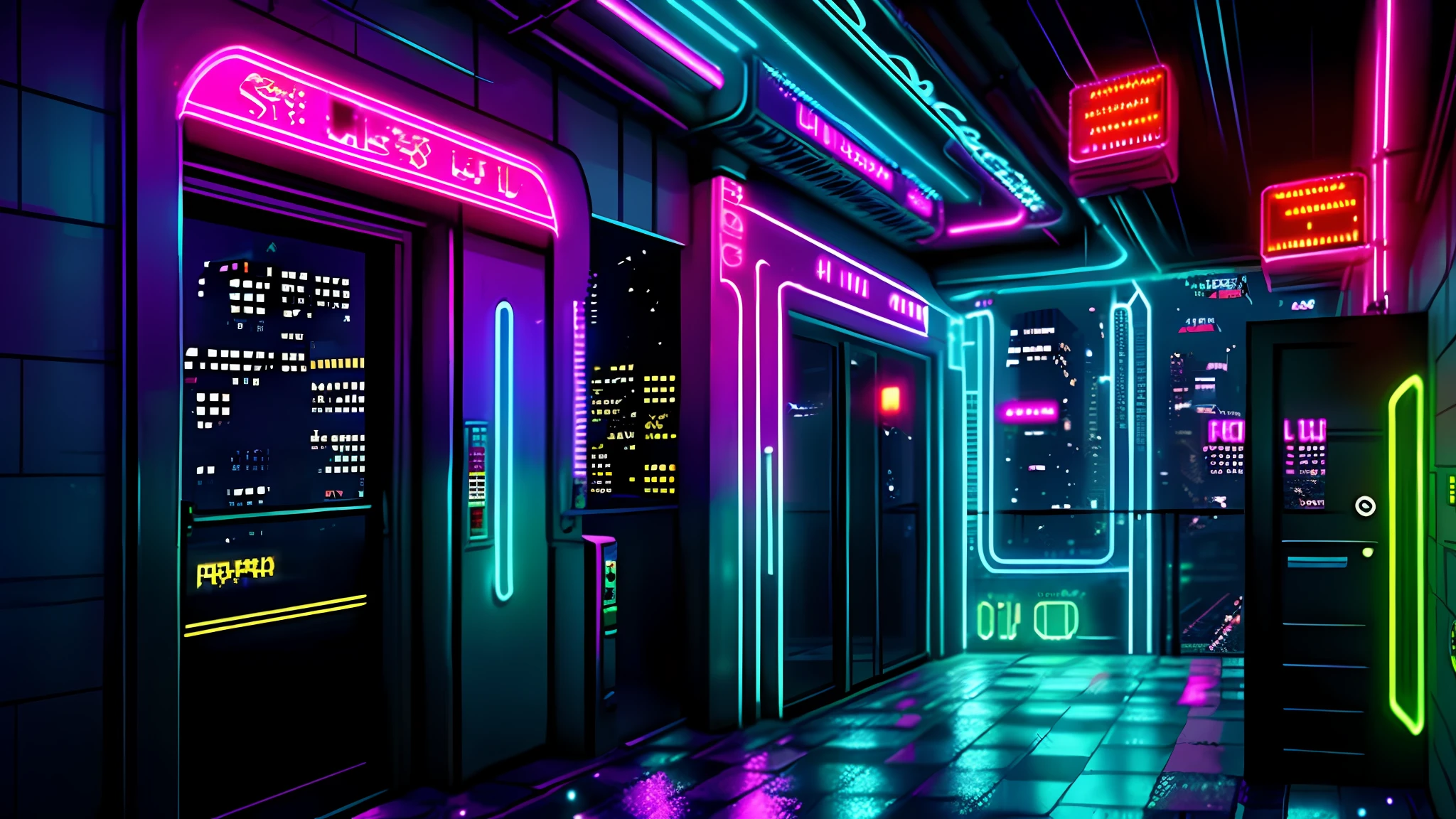 cyberpunk city, skyline, cocktail club door outside, its raining, cyber, neon signs, vaporware, future, flying cars