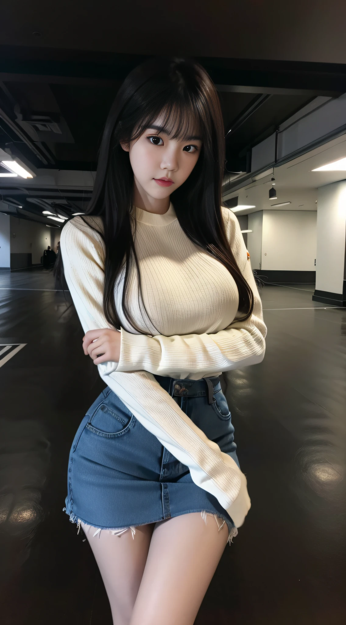 A Korean woman in an underground parking lot, fluffy hair, delicate face, realistic, real, large aperture, wearing black miniskirt and pantyhose, sexy, slim,