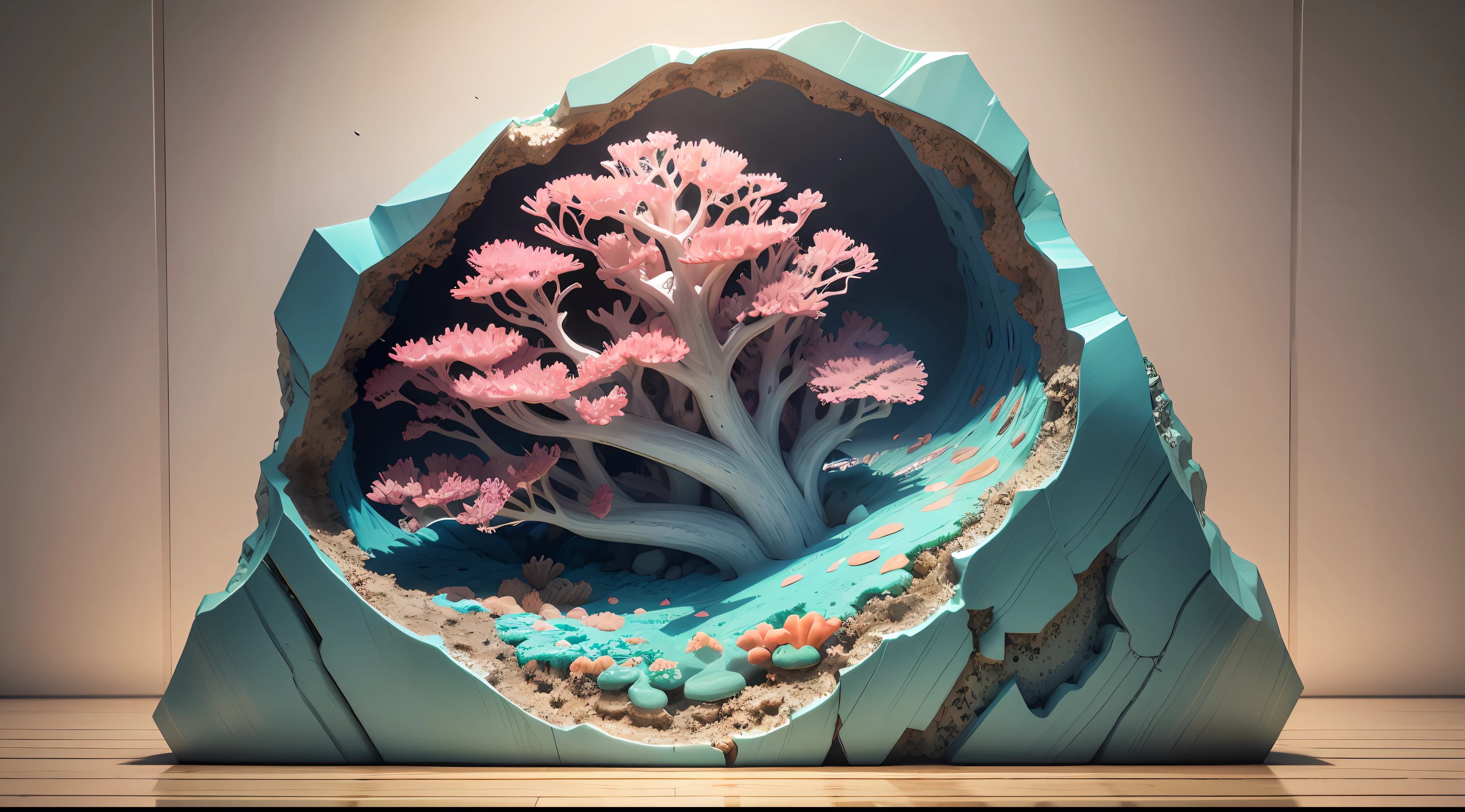 Brilliant coral seabed 3D realistic in a cracked geode