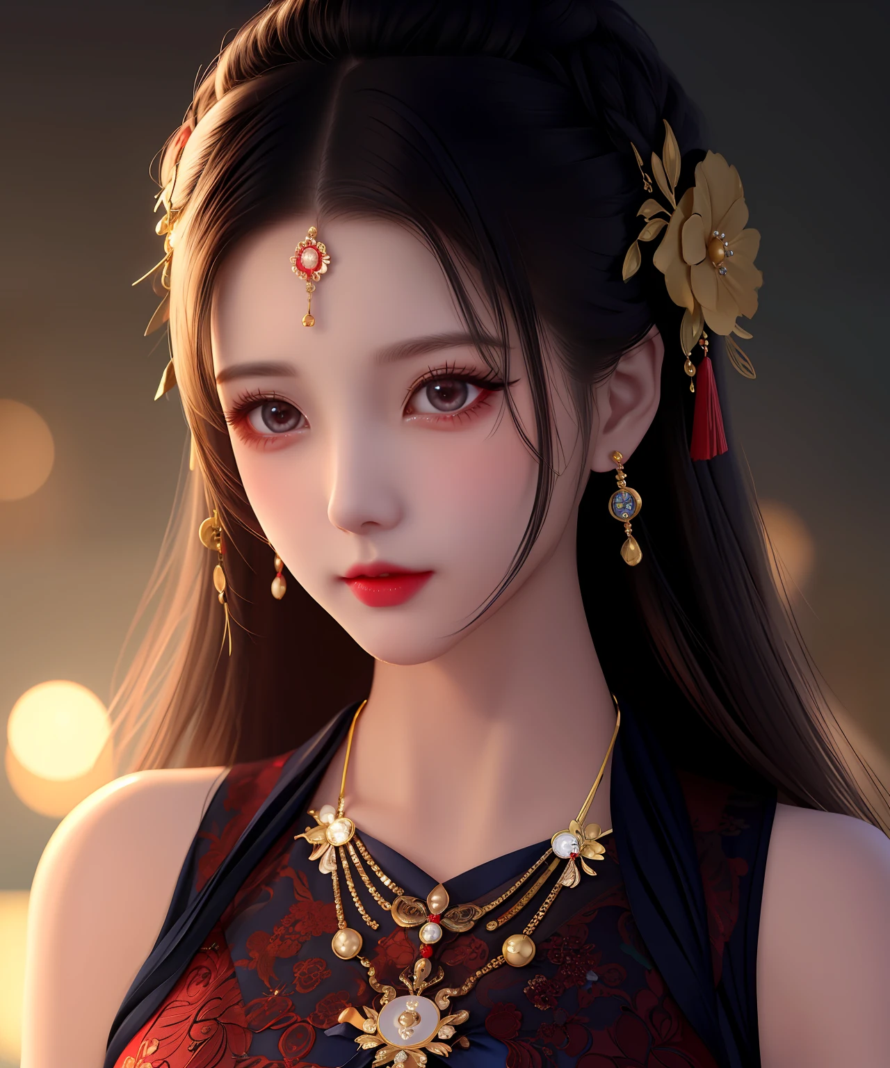 A delicate and beautiful girl, disheveled hair, high cold temperament, danfeng eyes, red lips, black hair, red earrings, design hairstyle, hairpin headdress, tight trim dark blue gorgeous design sense of silk nightdress, elegant and beautiful, close-up, beautiful flower background painting, real texture