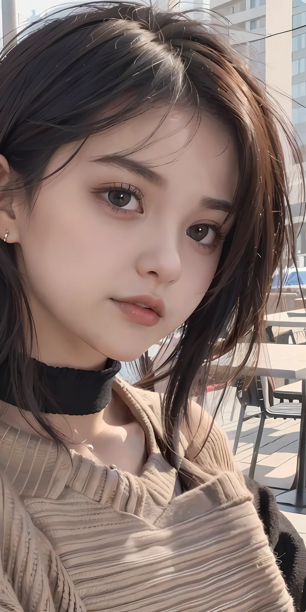 Piercing eye (mouth breathing rate: 1.3), looking straight, cute black woman of 20 years old, short salon hair, off-shoulder sweater, choker, close-up portrait, afternoon light in outdoor café in 2015, [(Selena Gomez: 0.5) | (Kristen Bell: 1.0)]
