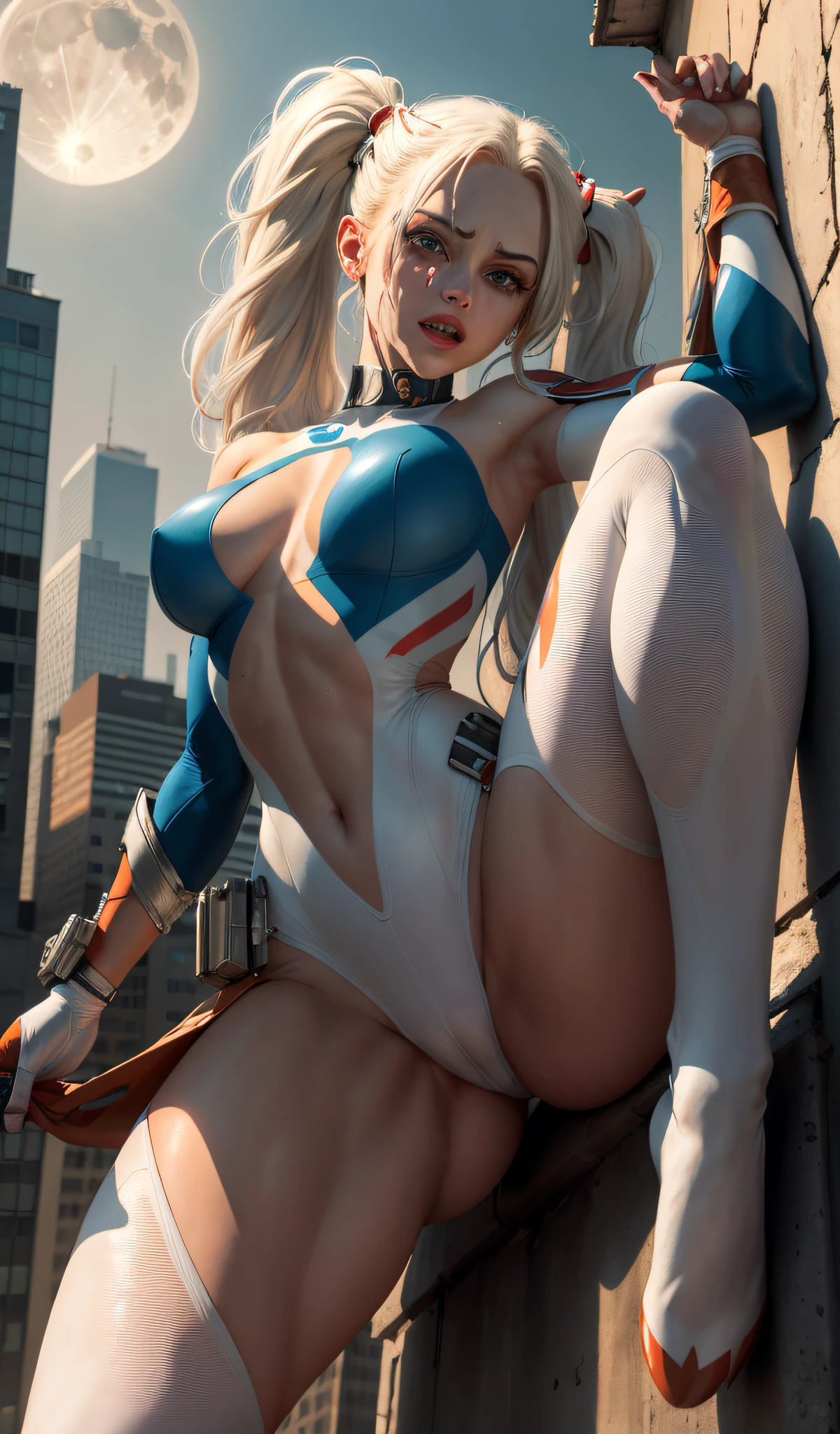 (Masterpiece, 4k resolution, ultra-realistic, very detailed), (White superhero theme, charismatic, there's a girl at the top of town, wearing ({semi-transparent sexy costumes}) [ (20 years), (long white hair:1.2), full body, (blue eyes:1.2), ((Harley Quinn pose),show of strength, jumping from one building to another), ((sandy urban environment):0.8)| (cityscape, at night, dynamic lights), (full moon))] # Explanation: The Prompt mainly describes a 4K painting of ultra-high definition, very realistic, very detailed. It shows a superheroine at the top of the city, wearing a Harley Quinn costume. The theme in the painting is a white superhero theme, the female protagonist has long white hair, is 20 years old and her entire body is shown in the painting. In terms of portraying the actions of superheroines, spiders are employed,Sfw, moaning in pain, feeling pain, tears flowing, crying in pain, crop top, lingeri, sfw, sleeping beauty lying on her back, wet skin and hair, hard breasts, dark blonde hair, long straight hair, European youth, perfect body, open (perfect body, little ke), fashion photorealism,  high definition sysie details, (((from below))), photography, sharpness, single 850 4, koda850 k portrait camera, f1.6 lens, rich color, hyper-realistic texture, spectacular light texture, surreal art, Cinestil 800 fashion engine, grimaces of pain, (hyperrealistic), (illustration), (high resolution), (8K), (extremely detailed), (best illustration), (beautiful detailed eyes), (best quality), (super detailed), (masterpiece), (wallpaper),  solo, (dynamic pose), (illustration), (high resolution), (8K), (extremely detailed), (best illustration), (beautiful detailed eyes), (best quality), (super detailed), (masterpiece), (wallpaper), (camel fingers) (no panties), (no bra) (open legs)