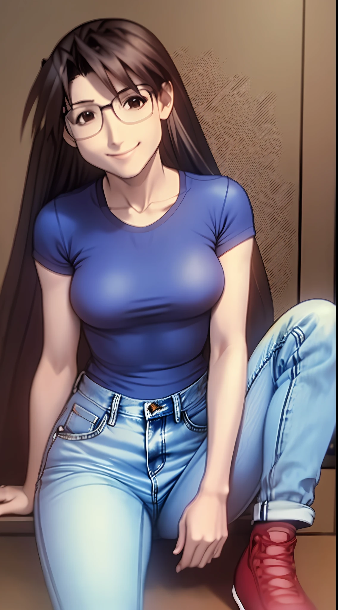 Koyomi Mizuhara, long hair, brunette female with bangs, eyes, glasses, shirt, tight denim jeans, medium size breasts, thighs, shoes, slender figure, athletic build, plump ass, sitting, sideway view, smiling, reflecting