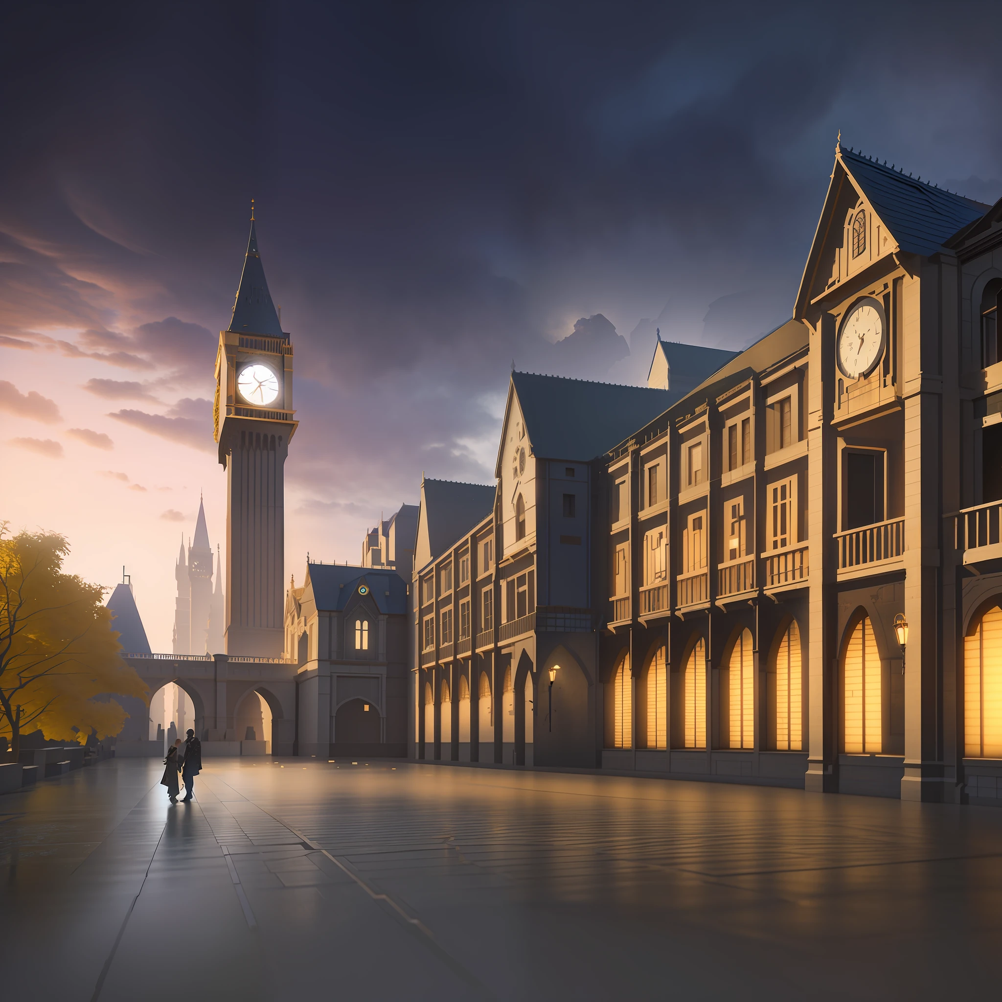 there is a clock tower in the middle of a city, inspired by Raphael Lacoste, stylized urban fantasy artwork, style of raphael lacoste, unreal engine render concept art, anor londo, martin raphael lacoste, concept art stunning atmosphere, global illumination. vfx, beautiful 3 d concept art, 3 d render and matte painting, highly realistic concept art