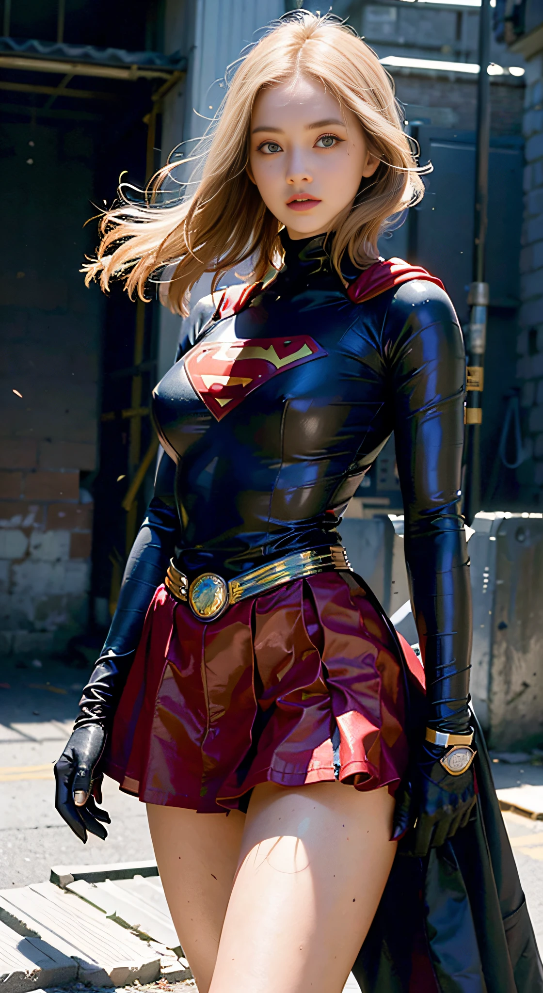 (1girl:1.3), solo, __body-parts__, official art, unified 8k wallpaper, super detailed, beautiful and beautiful, beautiful, masterpiece, best quality, raw, masterpiece, super fine photo, best quality, super high resolution, photorealistic realism, sunlight, full body portrait, amazing beauty, dynamic pose, delicate face, vibrant eyes, (seen from the front), she wears a full body superman suit, full suit, (red short skirt), blue-black top, Red cape, Superman, a capital letter on chest, very detailed abandoned warehouse background, detailed face, detailed complex busy background, messy, gorgeous, milky white, highly detailed skin, realistic skin details, visible pores, sharp focus, volumetric fog, 8k uhd, DSLR, high quality, film grain, fair skin, photo realism, lomography, huge metropolis in future dystopia,