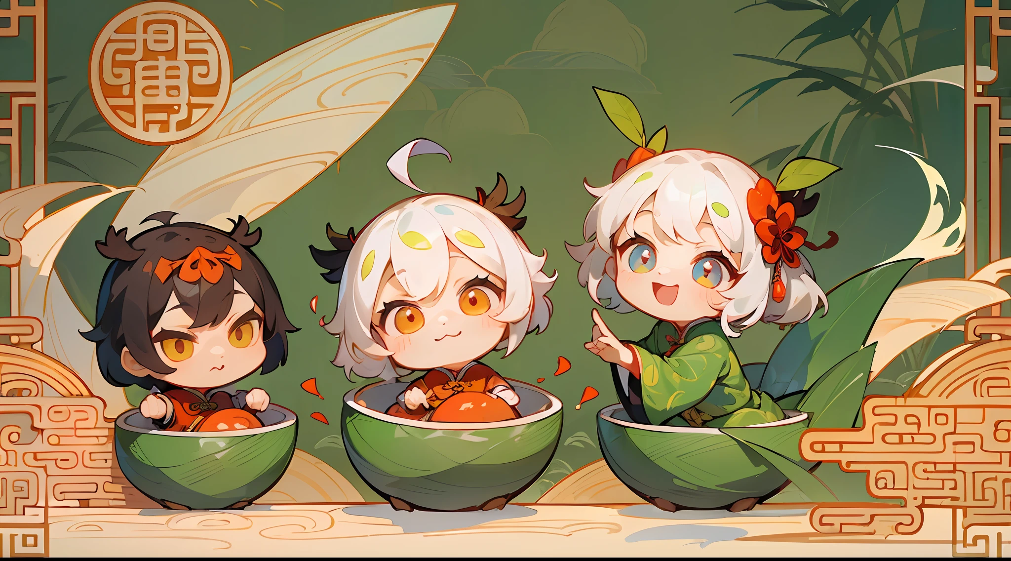 (Masterpiece, high resolution, detail: 1.2), cute zongzi cartoon image, facial features simulated humanization, (big eyes, bright and shiny: 1.1), (sweet smile: 1.2), (soft and smooth appearance: 1.1), (Colorful axe color: 1.2), (small wrists and legs: 1.1), (rice dumpling leaf body: 1.2), (Chinese dragon boat: 1.1), (majestic dragon head: 1.2), (rhythmic planning animation: 1.1), (surging river: 1.2), (spectacular depth of field effect: 1.3), (stunning picture beauty: 1.2), (traditional Chinese festivals: 1.1), (festive atmosphere: 1.2), (Lively Auditorium: 1.1), (Cheers and Firecrackers: 1.2), (Chinese Elements: 1.1), (Smell of Zongzi: 1.2), (Joyful Rafting Competition: 1.1), (Pleasant Scene: 1.2), (Perfectly Captured Sight: 1.1), (Suitable for Mobile Wallpaper: 1.2), (Exquisite Illustration, Cartoon Style: 1.3), Chinese Dragon Boat Festival Elements, Anthropomorphic Zongzi Image with Five Features, (Cute and Moe: 1.2), Smiley Facial Expression, (Big Eyes:1.1), sweet smile, lifelike facial features, (colorful wrap: 1.2), delicate skin lines, (soft and delicious rice filling: 1.1), sweet rice dumpling leaf aroma, (cheerful ribbon decoration: 1.2), symbol of the Dragon Boat Festival, (bamboo leaf background: 1.1), verdant, (full of festive atmosphere: 1.2), Dragon Boat Festival blessings, bright colors, joyful atmosphere, Chinese dragon boats, flowers, flowers full of screen, full of Chinese Dragon Boat Festival elements, perfect form of Chinese zongzi, chibi