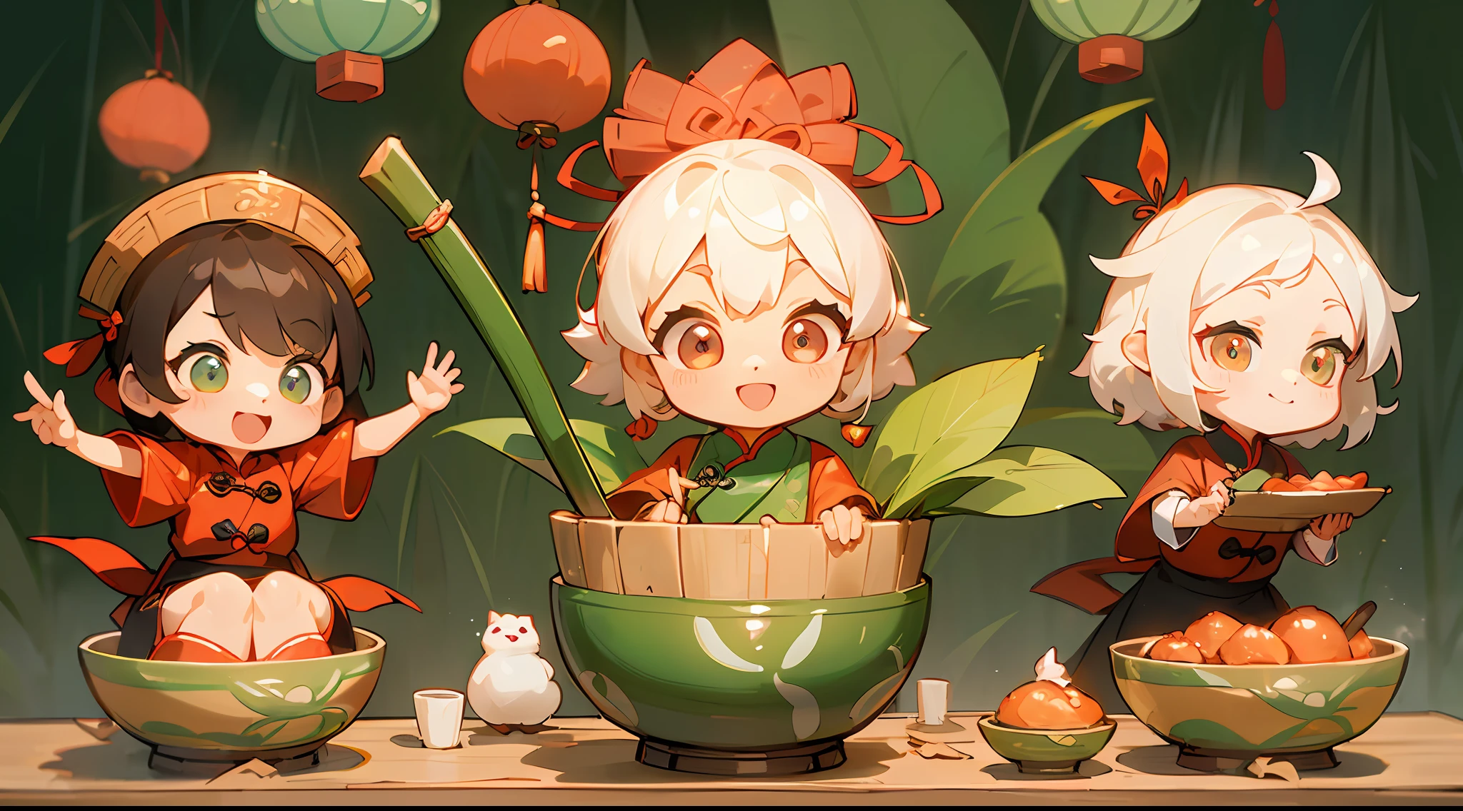 (Masterpiece, high resolution, detail: 1.2), cute zongzi cartoon image, facial features simulated humanization, (big eyes, bright and shiny: 1.1), (sweet smile: 1.2), (soft and smooth appearance: 1.1), (Colorful axe color: 1.2), (small wrists and legs: 1.1), (rice dumpling leaf body: 1.2), (Chinese dragon boat: 1.1), (majestic dragon head: 1.2), (rhythmic planning animation: 1.1), (surging river: 1.2), (spectacular depth of field effect: 1.3), (stunning picture beauty: 1.2), (traditional Chinese festivals: 1.1), (festive atmosphere: 1.2), (Lively Auditorium: 1.1), (Cheers and Firecrackers: 1.2), (Chinese Elements: 1.1), (Smell of Zongzi: 1.2), (Joyful Rafting Competition: 1.1), (Pleasant Scene: 1.2), (Perfectly Captured Sight: 1.1), (Suitable for Mobile Wallpaper: 1.2), (Exquisite Illustration, Cartoon Style: 1.3), Chinese Dragon Boat Festival Elements, Anthropomorphic Zongzi Image with Five Features, (Cute and Moe: 1.2), Smiley Facial Expression, (Big Eyes:1.1), sweet smile, lifelike facial features, (colorful wrap: 1.2), delicate skin lines, (soft and delicious rice filling: 1.1), sweet rice dumpling leaf aroma, (cheerful ribbon decoration: 1.2), symbol of the Dragon Boat Festival, (bamboo leaf background: 1.1), verdant, (full of festive atmosphere: 1.2), Dragon Boat Festival blessings, bright colors, joyful atmosphere, Chinese dragon boats, flowers, flowers full of screen, full of Chinese Dragon Boat Festival elements, perfect form of Chinese zongzi, chibi