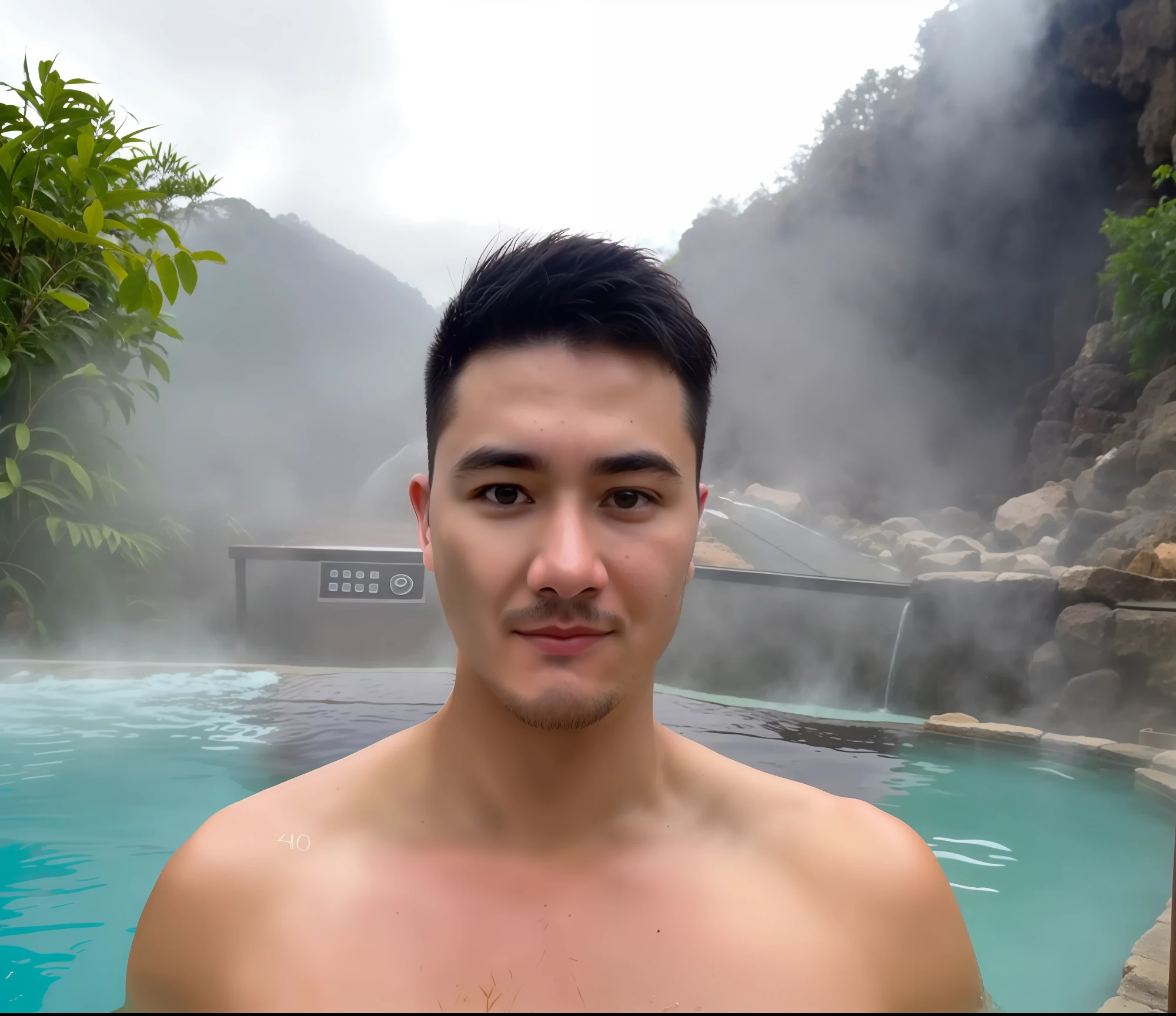 The hot spring pool has a male upper body with a little chest hair, and there are monkeys in the pool to soak in the hot spring together