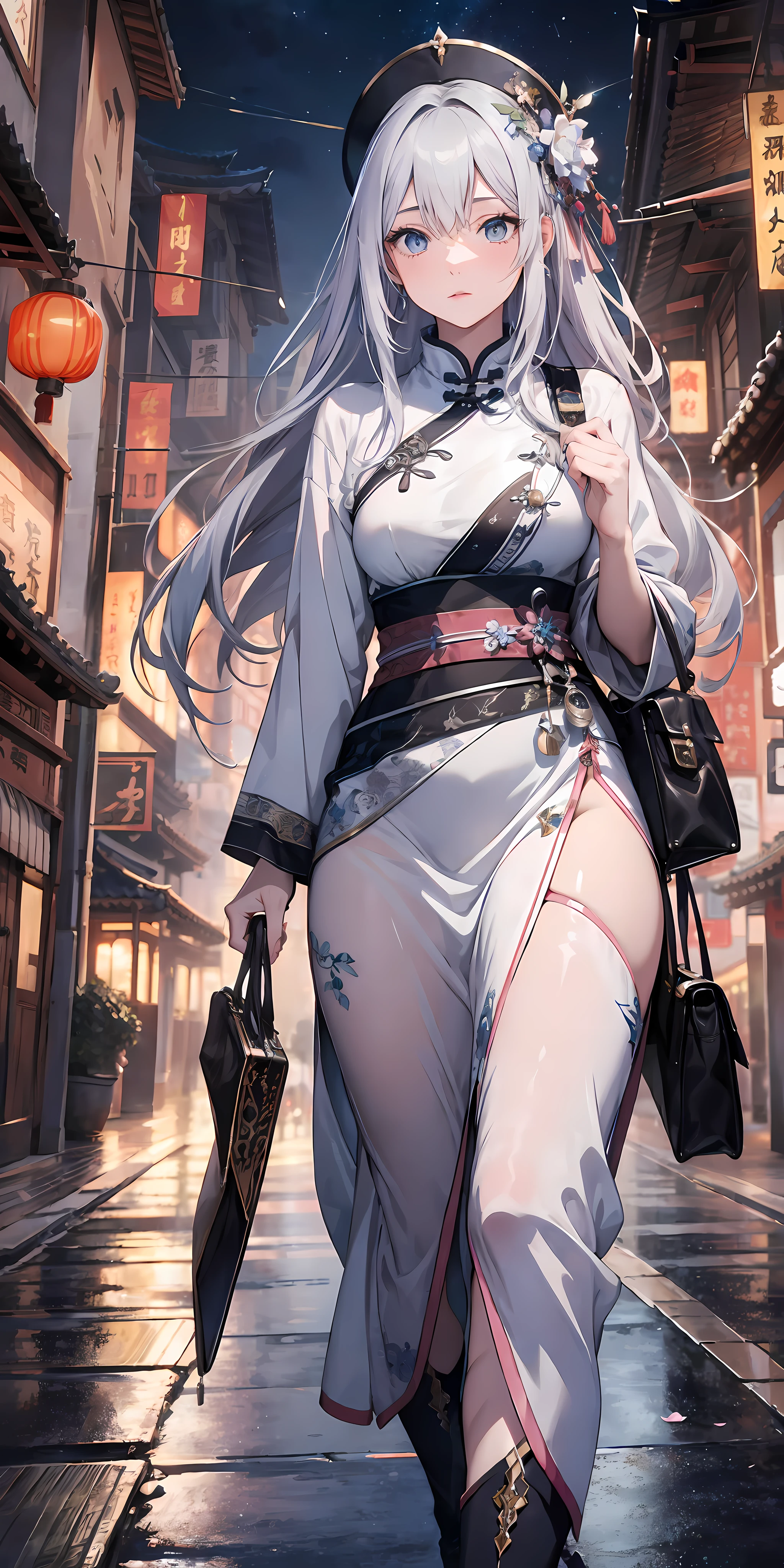 Masterpiece, Best Quality, Night, Full Moon, 1 Girl, Mature Woman, girl focus, sharp focus, medium close shot,Chinese Style, Ancient China, BREAK Sister, Royal Sister, Cold expression, expressionless face, Silver white long haired woman, Light pink lips, Calm, Intellectual, Three belts, Gray pupils, ancient woman hand bag, Chinese town with petal background, Strolling in the street scenery BREAK Detailed,Realistic,4k highly detailed digital art,octane render, bioluminescent, BREAK 8K resolution concept art, realism,by Mappa studios,masterpiece,best quality,official art,illustration,ligne claire,(cool_color),perfect composition,absurdres, fantasy,focused,rule of thirds