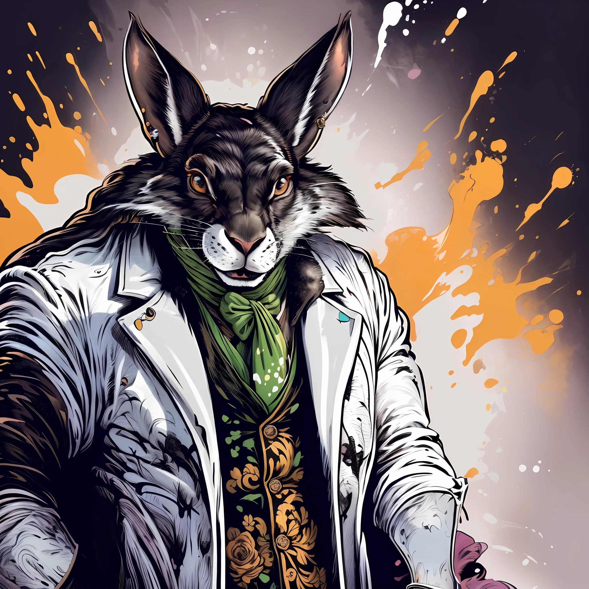 (Masterpiece: 1.2), Best Quality, (Illustration: 1.2), Solo, Zairabit, Long Ears, (Earrings on Ears), (Strong), (Muscle: 1.2), Black Suit, White Shirt, Roses, Godfather, (Colored paint splattered on background, Dulux, ), First-Person View, Sony Master Lens