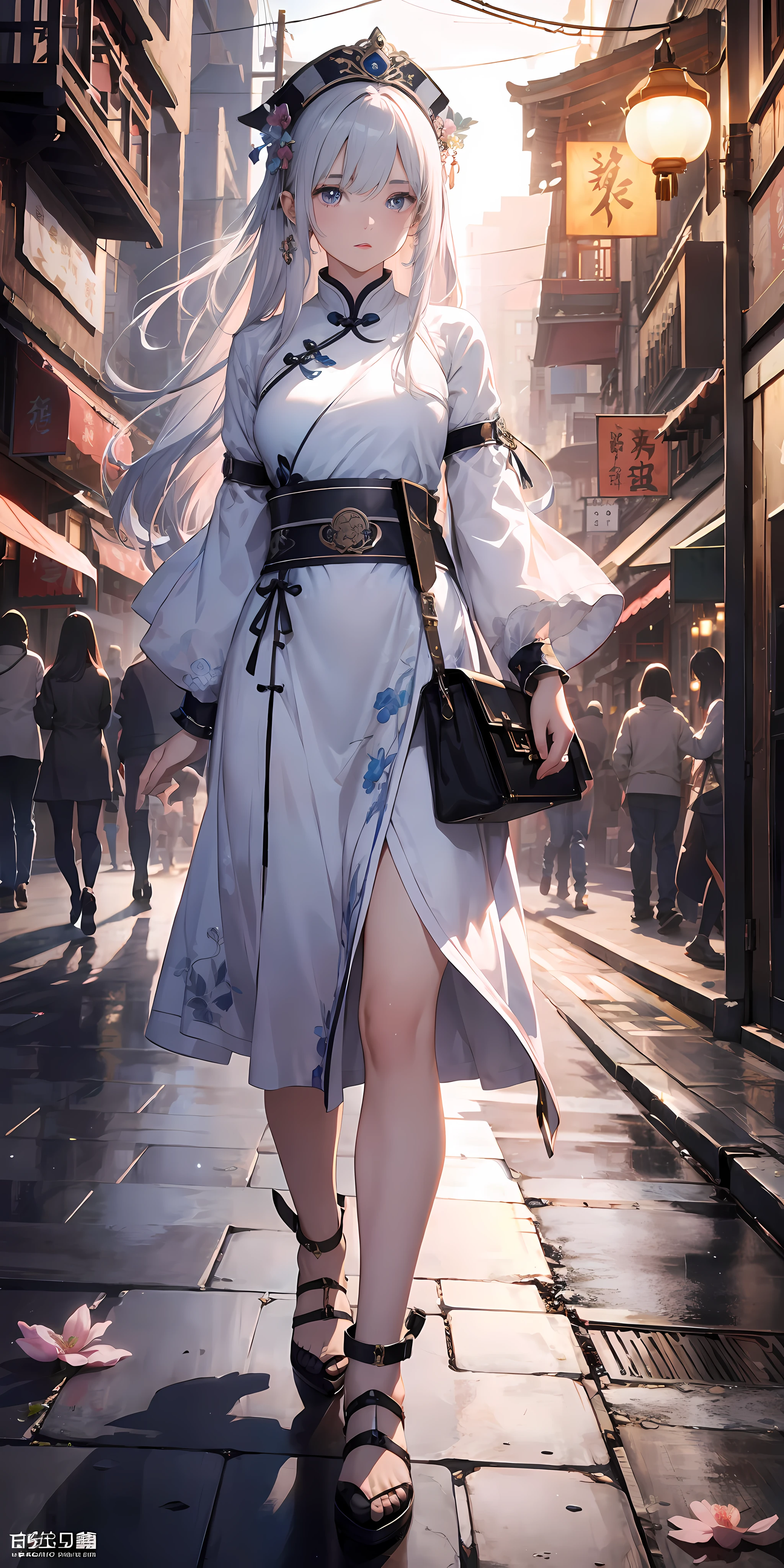 Masterpiece, Best Quality, Night, Full Moon, 1 Girl, Mature Woman, girl focus, sharp focus, medium close shot,Chinese Style, Ancient China, BREAK Sister, Royal Sister, Cold expression, expressionless face, Silver white long haired woman, Light pink lips, Calm, Intellectual, Three belts, Gray pupils, ancient woman hand bag, Chinese town with petal background, Strolling in the street scenery BREAK Detailed,Realistic,4k highly detailed digital art,octane render, bioluminescent, BREAK 8K resolution concept art, realism,by Mappa studios,masterpiece,best quality,official art,illustration,ligne claire,(cool_color),perfect composition,absurdres, fantasy,focused,rule of thirds