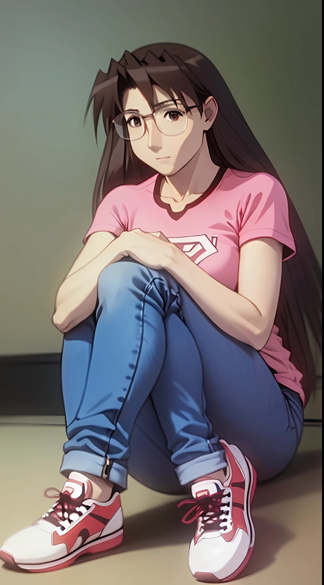 Koyomi Mizuhara, long hair, brunette female with bangs, eyes, glasses, shirt, tight denim jeans, medium size breasts, thighs, shoes, slender figure, athletic build, plump ass, sitting, sideway view, pondering