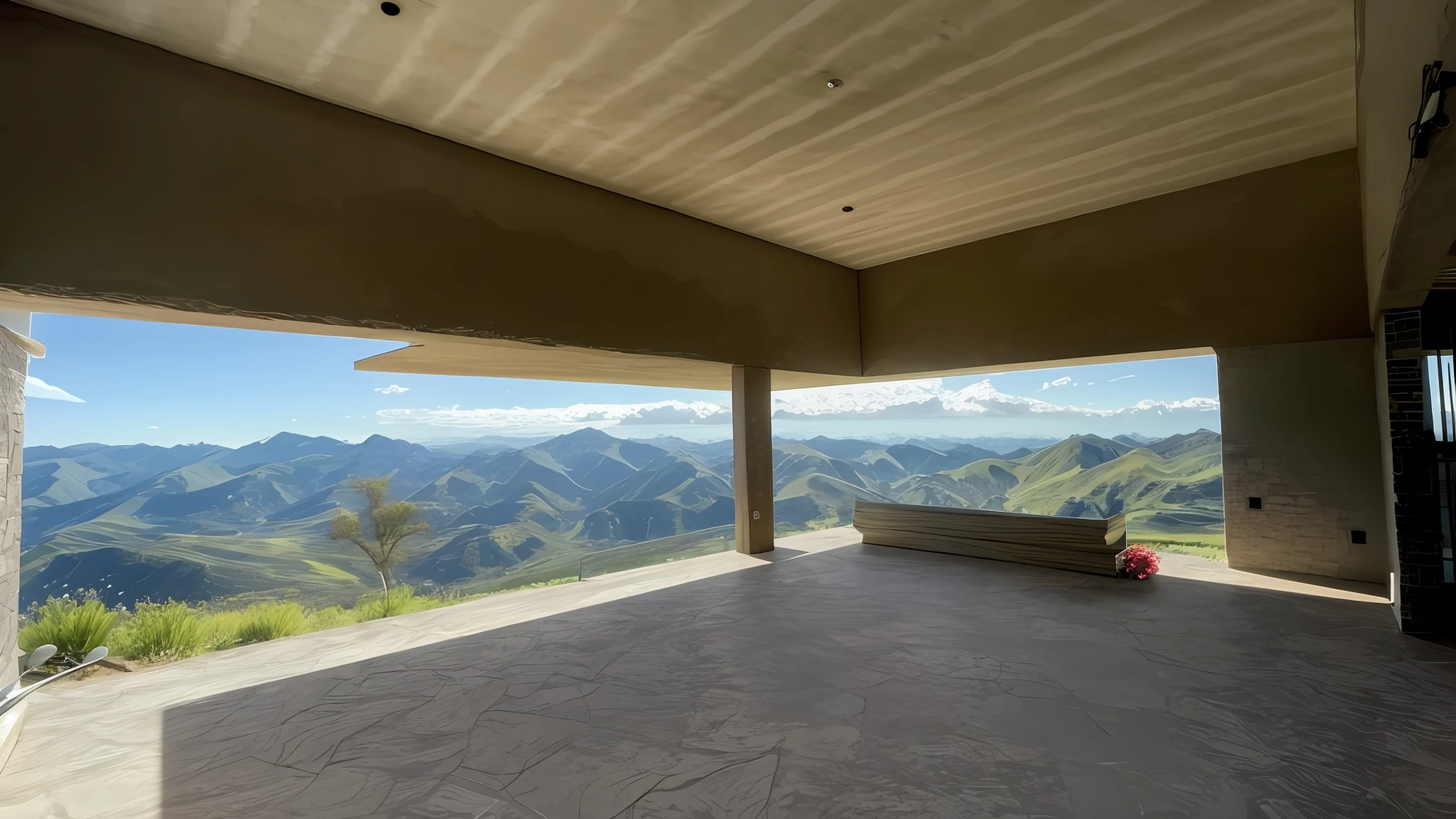 there is a view of a mountain range from a building, 8 k. filling of the view, 8 k. filling most of the view, high view - angle, high angle view, wide angle perspective, high view, view of a valley, 120 degree view, observation deck, side view, with mountains in the distance, expansive view, very high view, sofa, tables, chairs. fireplace in the corner, painted walls, tiled floor