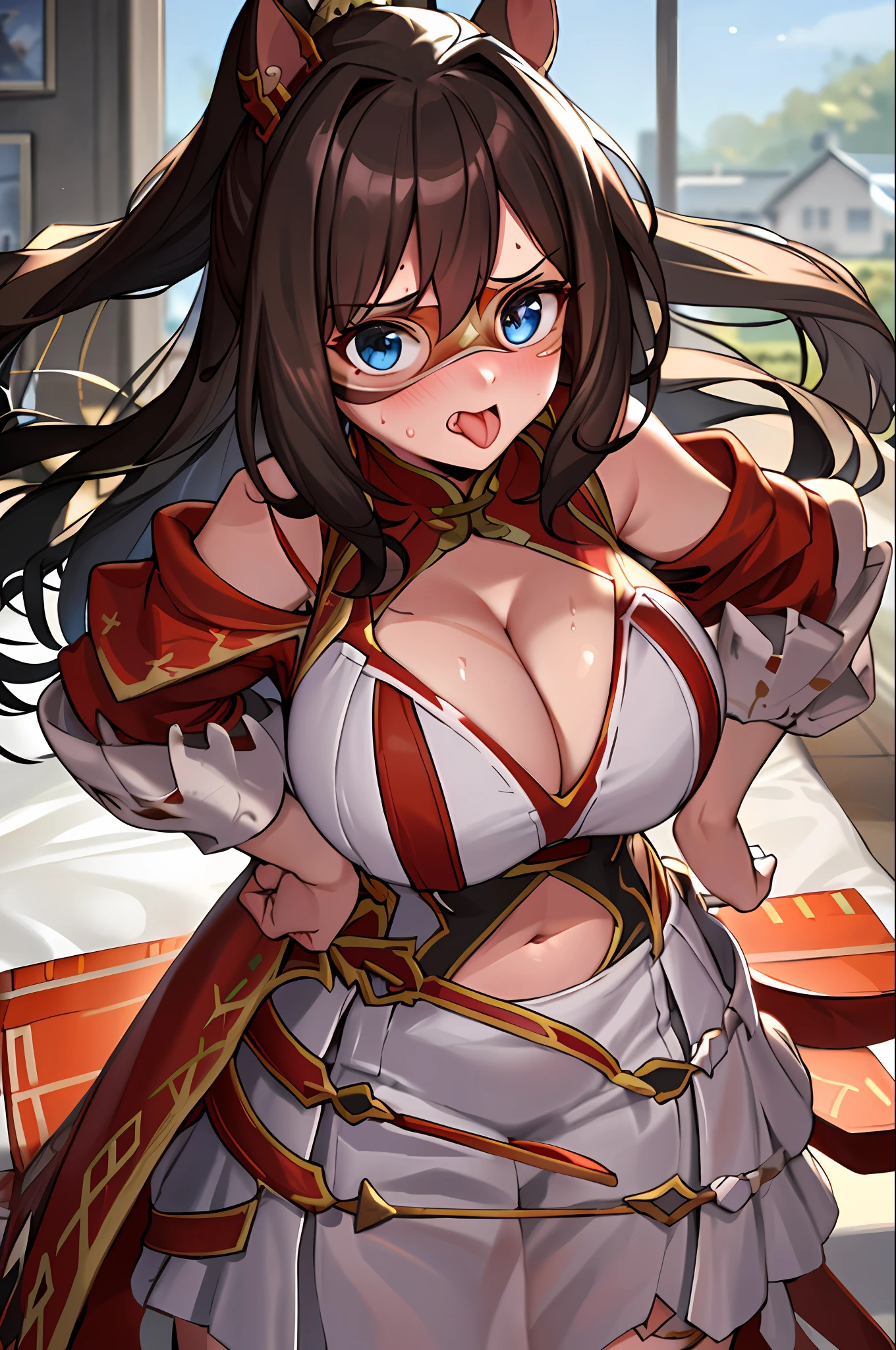 (Best Quality), (Masterpiece), (1 Girl), Solo, Chinese Girl, 20yo, 8K Characteristic Photo, 3/4 shot, Depth of Field, NSFW, (Indoors), Blonde Hair, Ultra Detailed, Bare Shoulders, Good Anatomy, Beautiful Detailed Eyes, Photography, Bokeh, One Girl, Crotch, Big, Navel, Nude, (Masterpiece, Best Quality), Horizontal Lightning, Fine and Beautiful Eyes, Angry Face, Tongue Protrusion, Tongue Protrusion, supralingual tongue, madness, opening mouth, screaming, rough-faced, blushing, sweat, mask,
1 girl, big, standing, indoors, bedroom, , hands on hips, mask, big, whip