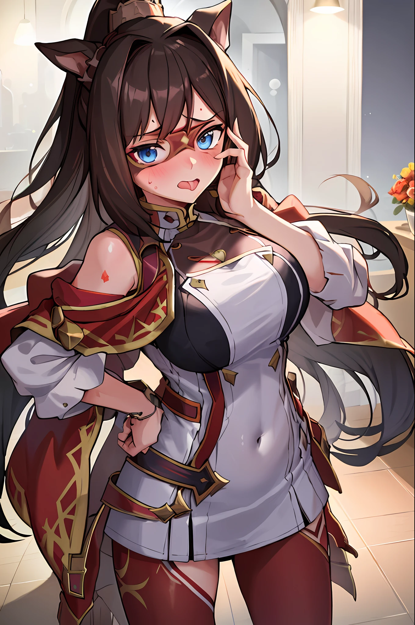 (Best Quality), (Masterpiece), (1 Girl), Solo, Chinese Girl, 20yo, 8K Characteristic Photo, 3/4 shot, Depth of Field, NSFW, (Indoors), Blonde Hair, Ultra Detailed, Bare Shoulders, Good Anatomy, Beautiful Detailed Eyes, Photography, Bokeh, One Girl, Crotch, Big, Navel, Nude, (Masterpiece, Best Quality), Horizontal Lightning, Fine and Beautiful Eyes, Angry Face, Tongue Protrusion, Tongue Protrusion, supralingual tongue, madness, opening mouth, screaming, rough-faced, blushing, sweat, mask,
1 girl, big, standing, indoors, bedroom, , hands on hips, mask, big, whip