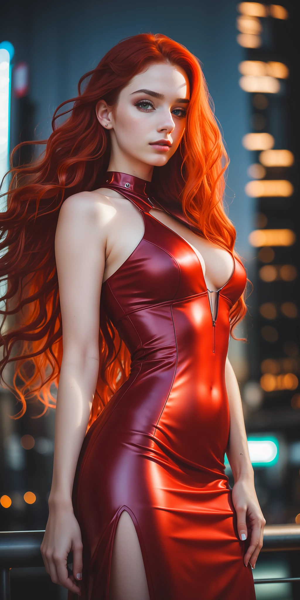 photo of a 25-year-old European girl, RAW, beautiful woman, (extra long wavy red hair), ((portrait)), ((detailed face: 1.2)), ((detailed facial features)), (finely detailed skin), pale skin, highly detailed deep neckline cyberpunk dress, megacity environment, (cool colors), damp, damp, reflections, (masterpiece) (perfect proportion)(realistic photo)(best quality) (detailed) photographed on a Canon EOS R5,   50mm lens, F/2.8, HDR, (8k) (wallpaper) (cinematic lighting) (dramatic lighting) (sharp focus) (intricate)