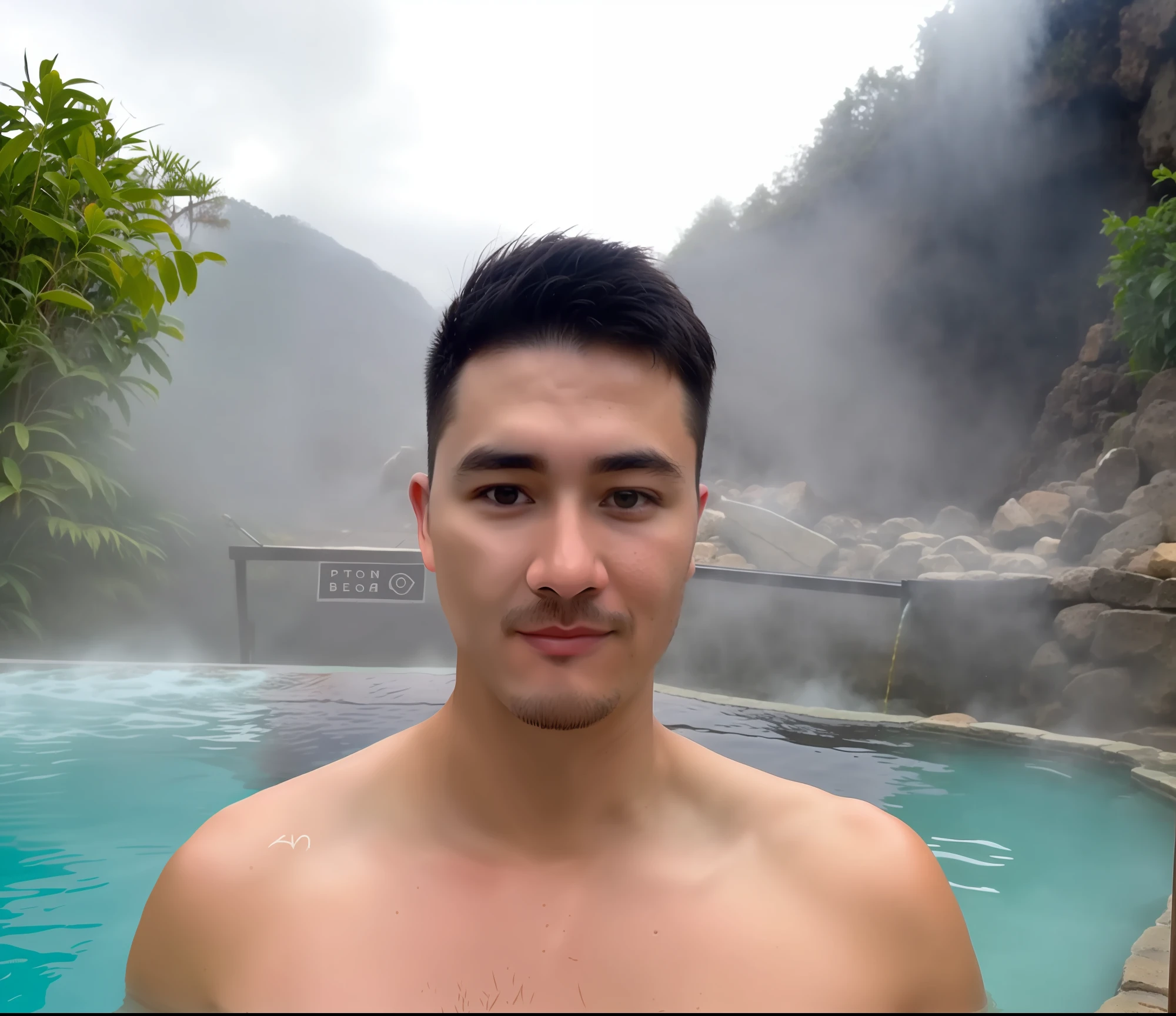 The hot spring pool has a male upper body with a little chest hair, and there are monkeys in the pool to soak in the hot spring together