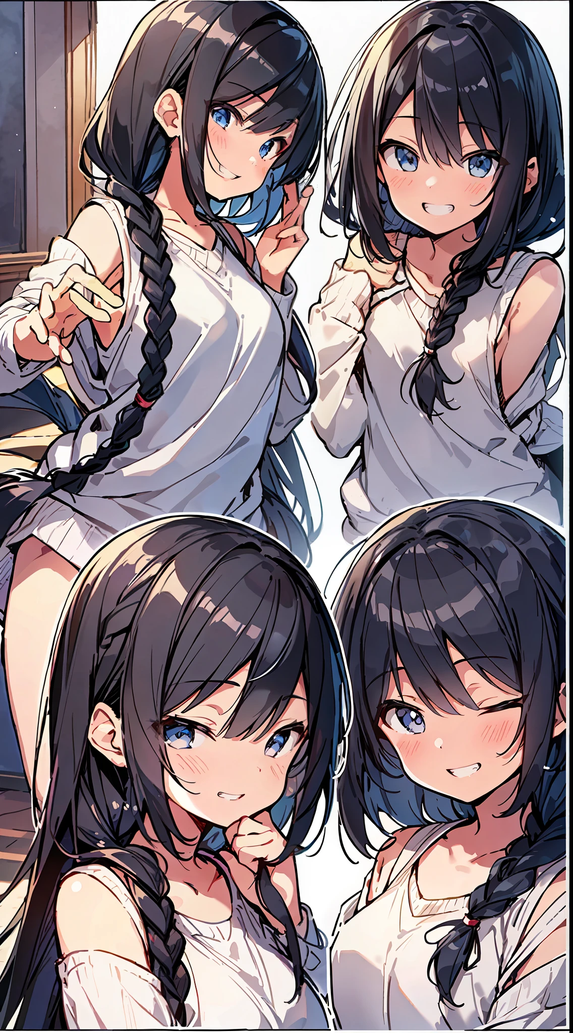 Top Quality, Best Masterpiece, Ultra High Definition, 8K, White Sweater Vest, Anime Style Little Loli, Single, Ultra Detailed Line Art, Digital Enhancement, Anime Core, Flowing Fabric, Close Up, ((Hair length to shoulder and short braid)), staring at us from the front, Soft drawing, Beautiful black hair, (((Little girl in anime style)), Crisp eyes, grin, teeth, wide mouth, closed eyes, highfive, ultra-detailed digital anime art, clear face depictions, ultra-detailed anime character art, ultra-detailed manga style, top quality colors, hand gestures, foot-up angles, indoors