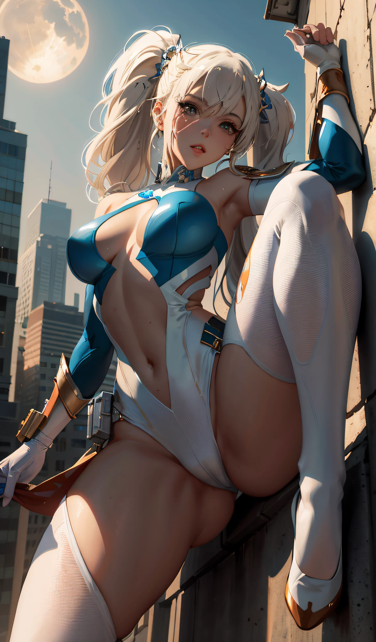 arafed woman in a white and blue costume leaning on a wall, ross tran 8 k, cutesexyrobutts, extremely detailed artgerm, ross tran style, [ trending on cgsociety ]!!, krenz cushart and artgerm, artgerm julie bell beeple, cgsociety inspired, in the style artgerm