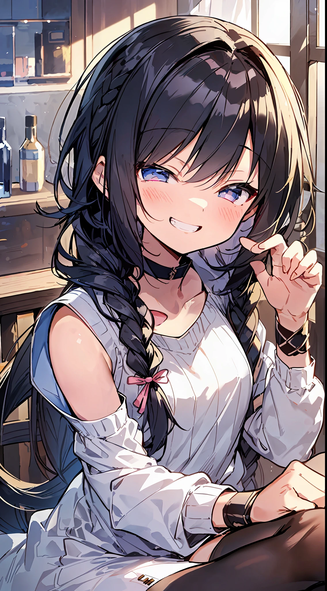 Top Quality, Best Masterpiece, Ultra High Definition, 8K, White Sweater Vest, Anime Style Little Loli, Single, Ultra Detailed Line Art, Digital Enhancement, Anime Core, Flowing Fabric, Close Up, ((Hair length to shoulder and short braid)), staring at us from the front, Soft drawing, Beautiful black hair, (((Little girl in anime style)), Crisp eyes, grin, teeth, wide mouth, closed eyes, highfive, ultra-detailed digital anime art, clear face depictions, ultra-detailed anime character art, ultra-detailed manga style, top quality colors, hand gestures, foot-up angles, indoors