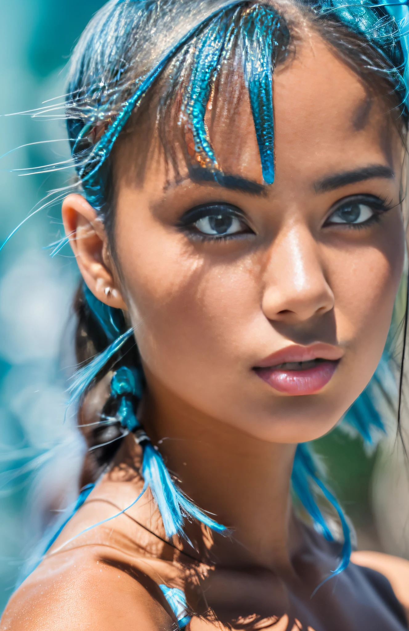 (masterpiece),(Best Quality:1.0), (Ultra Hi-Res:1.0), Details, One Girl, (Light Blue Micro Bikini), Detailed Skin, Face Focus, Detailed Eyes, (Black Eyes), Topless, Ponytail,