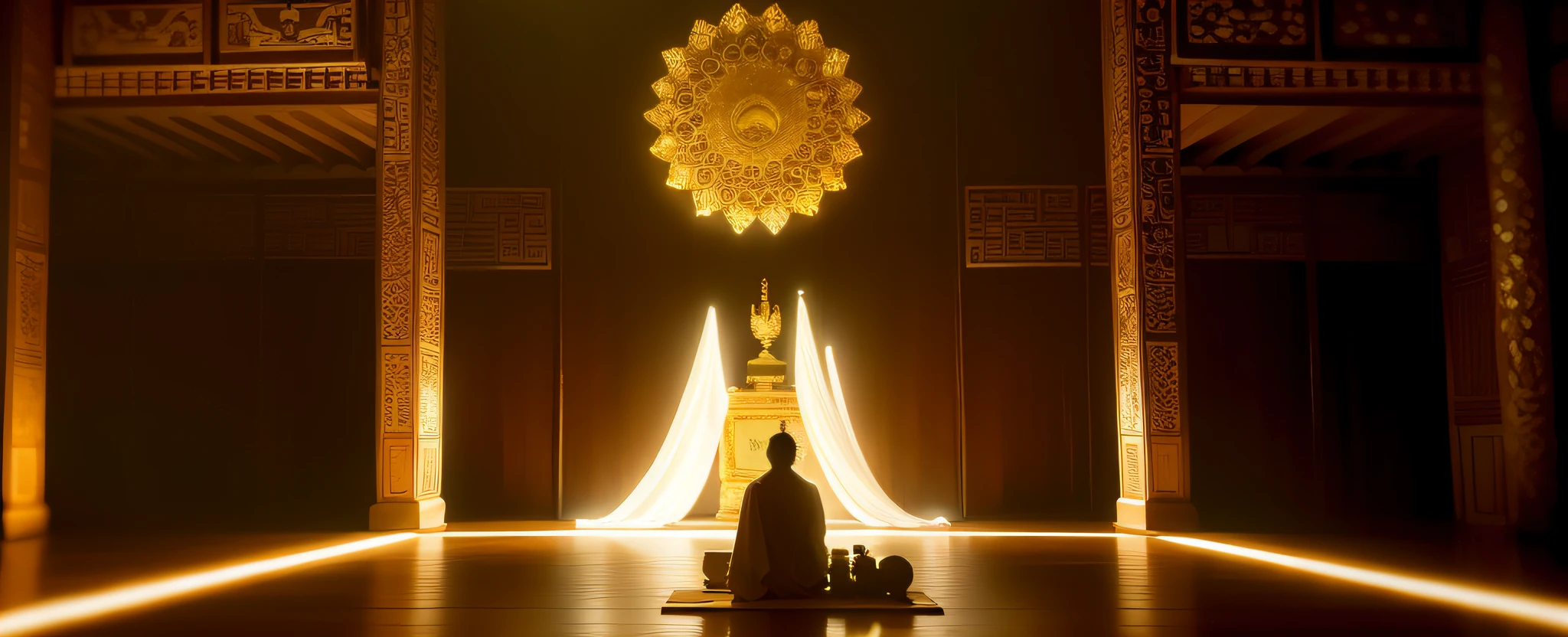 image of a man in a white robe sitting with his back facing a Buddhist altar in the dim light, with columns adorned with features of Buddhist temples, in a room of a temple, still from a 10th century Chinese cultural epic film, screenshot from a movie, lu ji, feng zhu |, still from a live-action film, opening scene, inspired by Li Di, still from the film,