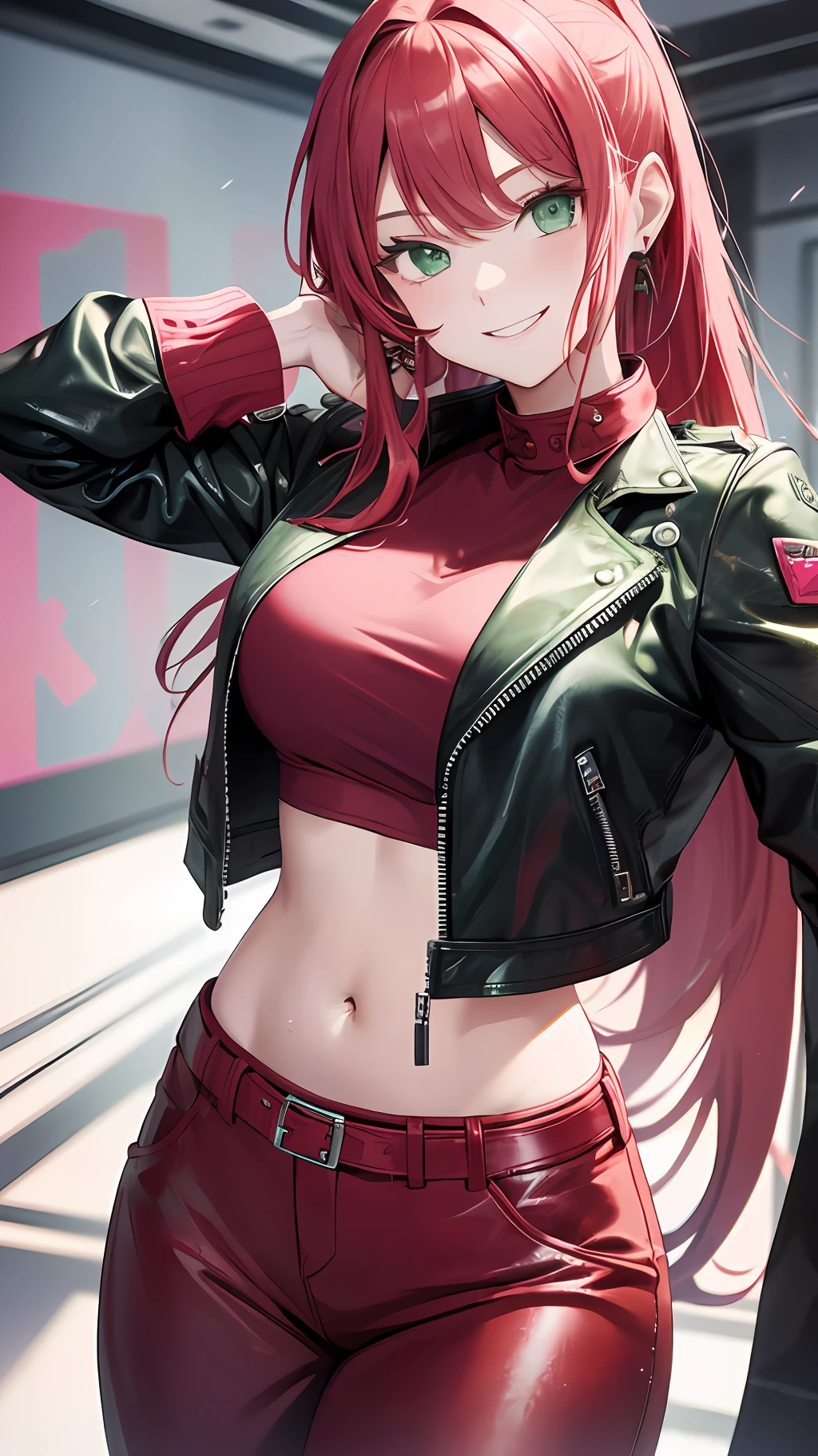 Young girl, long red hair, high ponytail, green eyes, pink top, leather jacket, open belly, smile, masterpiece, high quality