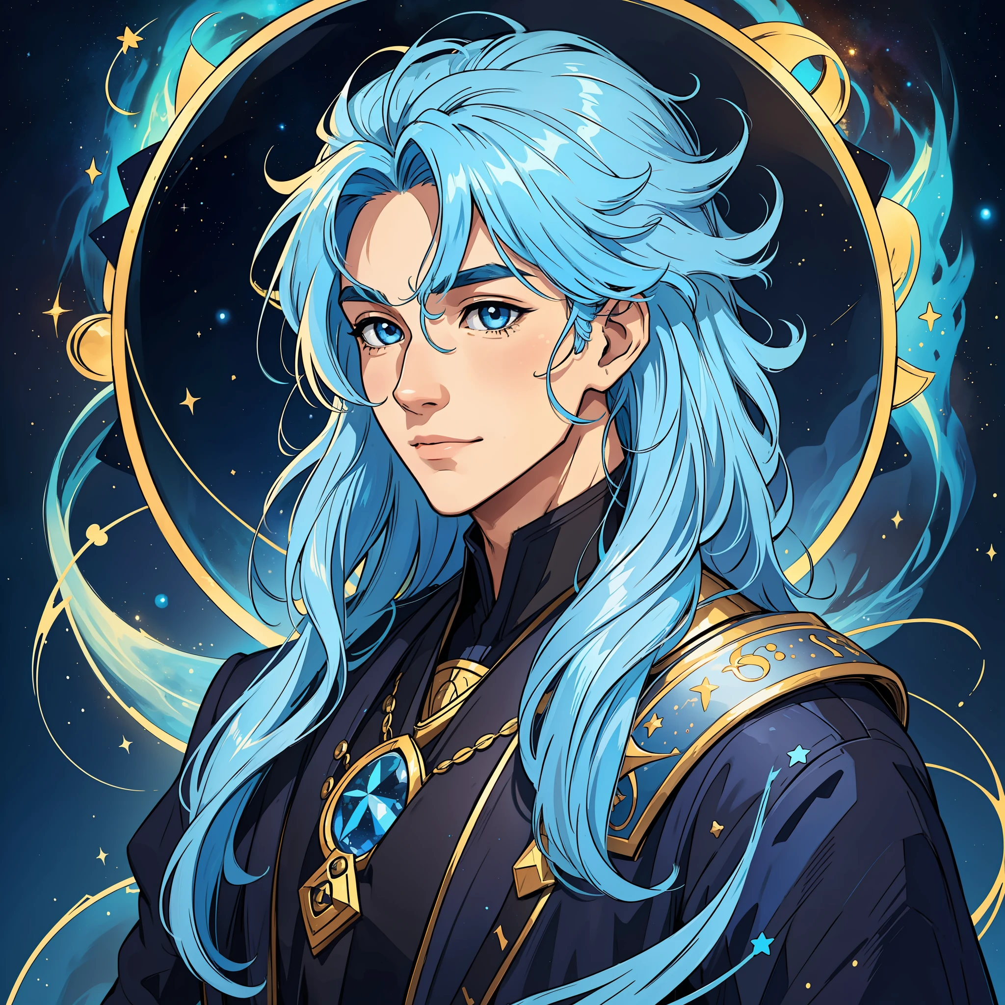 create a man with unique characteristics, inspired by the sign of Pisces and the cosmological stars An artistic representation of the essence of this sign, with striking features and a mysterious aura, sky blue hair and long strands in addition to a gentle smile