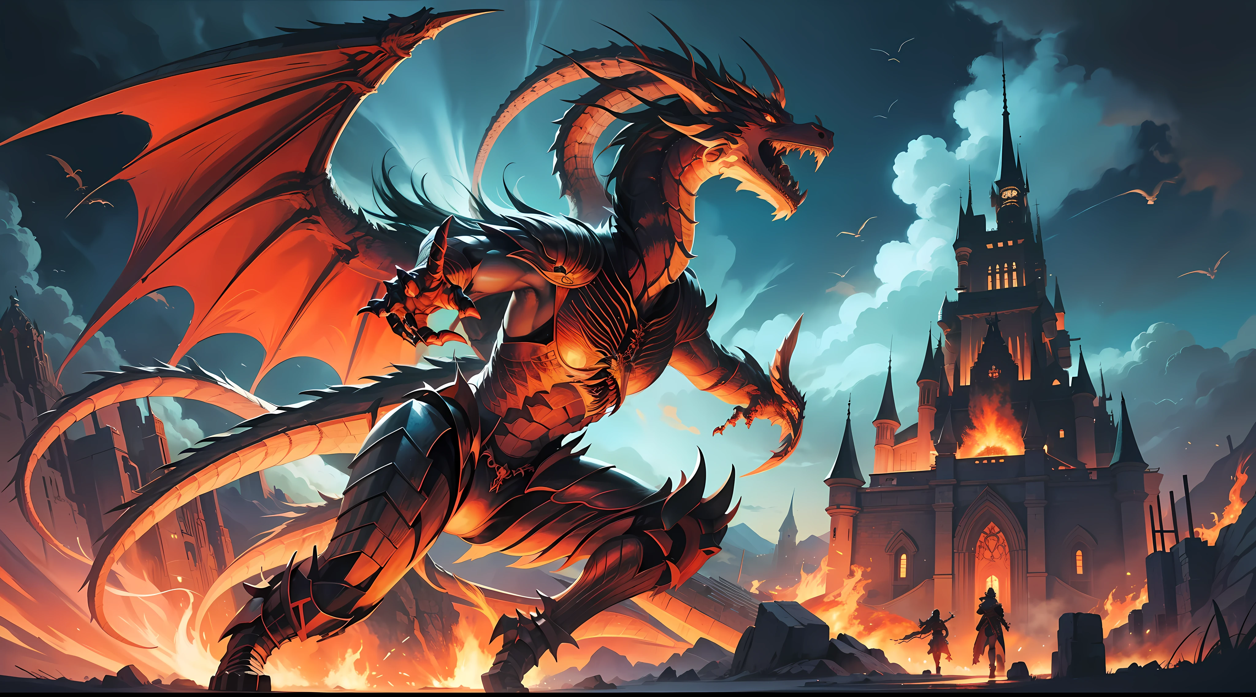 (A majestic epic art piece) Night, A gigantic dragon flying and ravaging with fire a castle nestled in the mountains at night