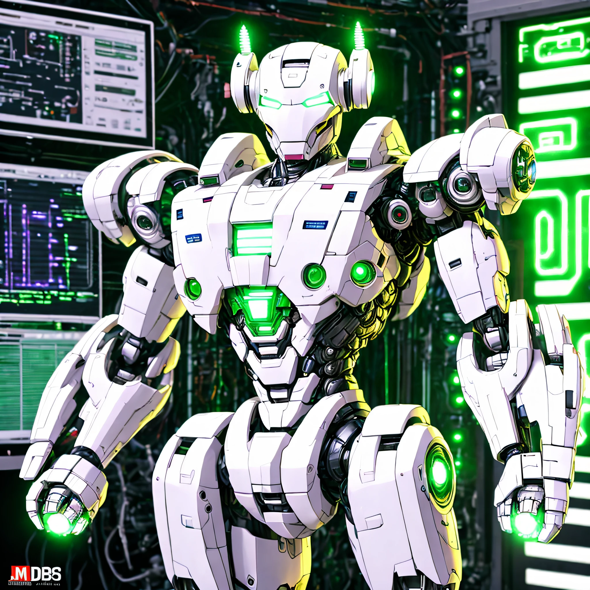 Super Taurus Robot 3D, White robot with led details and eyes all green, futuristic, white top Iron Man, intelligent, with a candlestick chart in the background