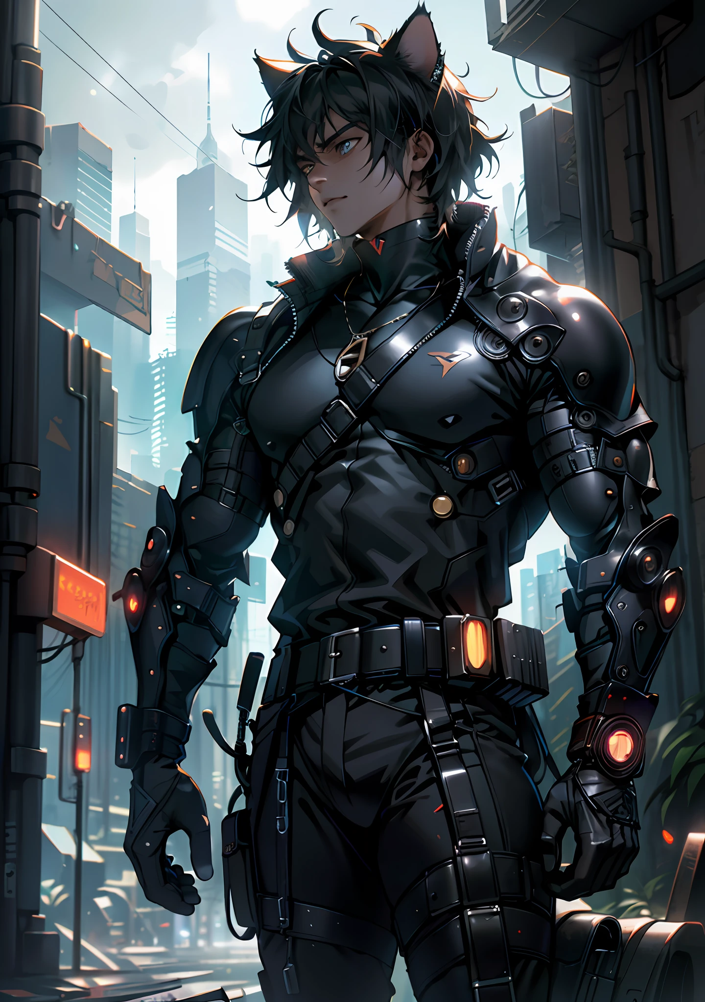((super wonderful)), best clarity, amazing texture CG Unity 8k wallpaper, best lighting effects, dynamic posture, dynamic shots, a cat male protagonist, dark world, full of cyberpunk features)