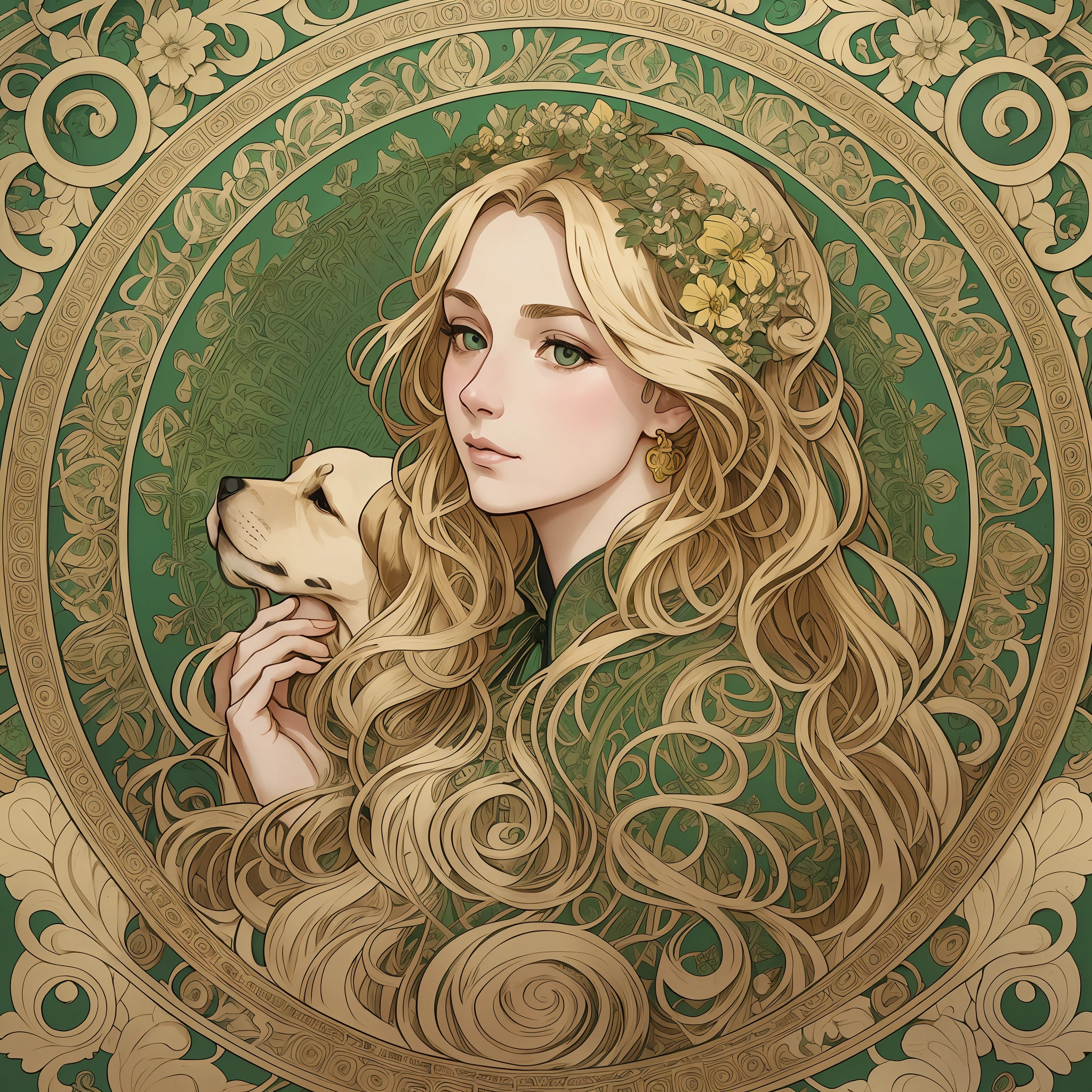 Facial portrait of a European woman, long curls, blonde hair, floral frame, decorative panels, abstract art, Alphonse Mucha (masterpiece, best quality, high resolution: 1.4), detailed, intricate details, 4K, color splash, line art, Fibonacci, holding a golden retriever, wearing green Lolita --auto --s2