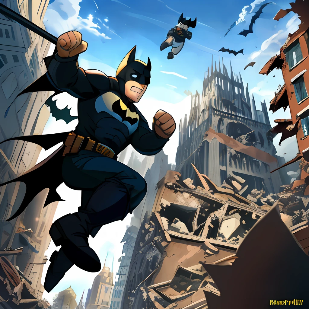 Captain Ámerica giving a surprise kick in Batman, destroyed building kiev scenario day