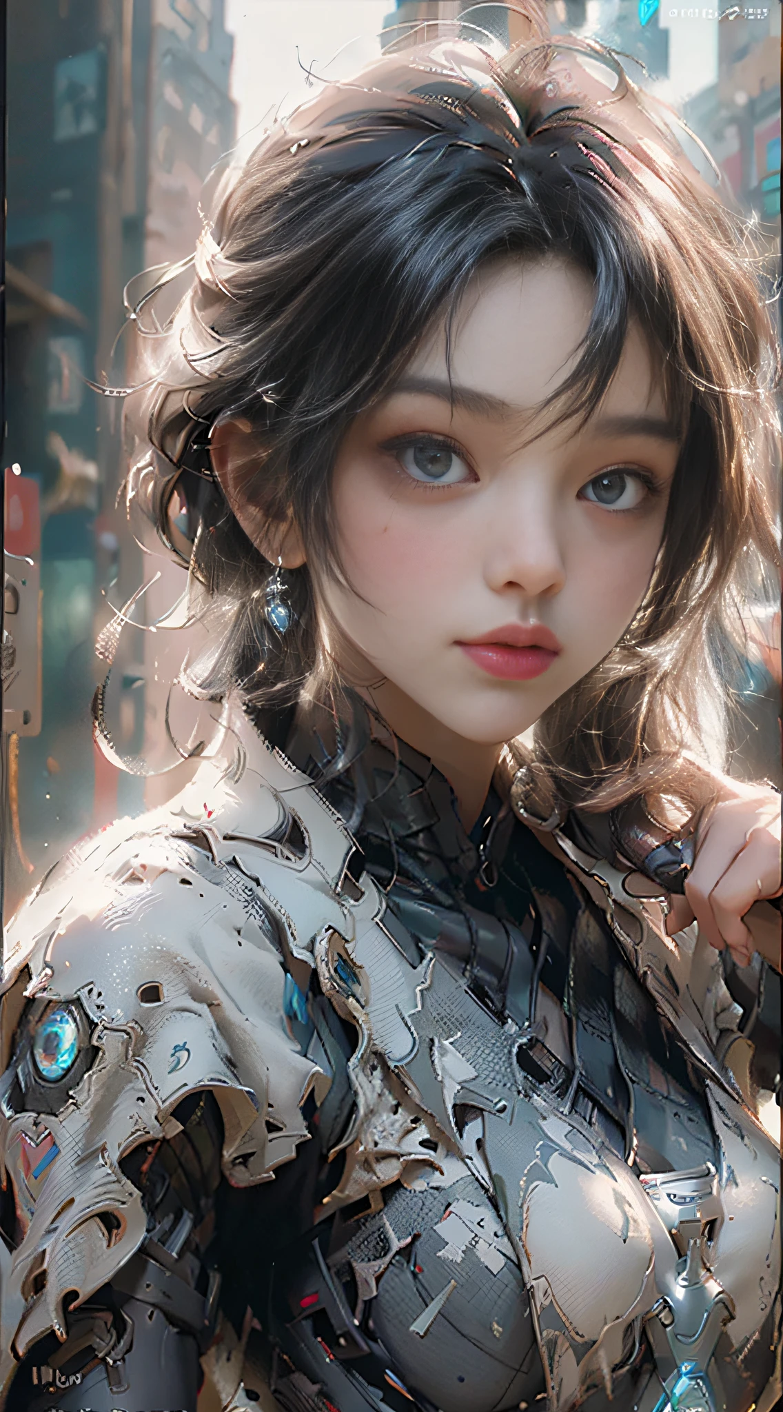 ((Best Quality)), ((Masterpiece)), (Detail: 1.4), (Extremely Detailed CG Uniform 8k Wallpaper), 3D, A Beautiful Cyberpunk Female Figure, HDR (High Dynamic Range), Ray Tracing, NVIDIA RTX, Super-Resolution, Unreal 5, Subsurface Scattering, PBR Texture, Post-processing, Anisotropy Filtering, Depth of Field, Maximum Sharpness and Sharpness, Multi-layer Texture, Albedo and Highlight Maps, Surface coloring, precise simulation of light-material interactions, perfect proportions, Octane Render, two-color light, large aperture, low ISO, white balance, rule of thirds, 8K RAW, finger detailing, refined facial features, focus on the face