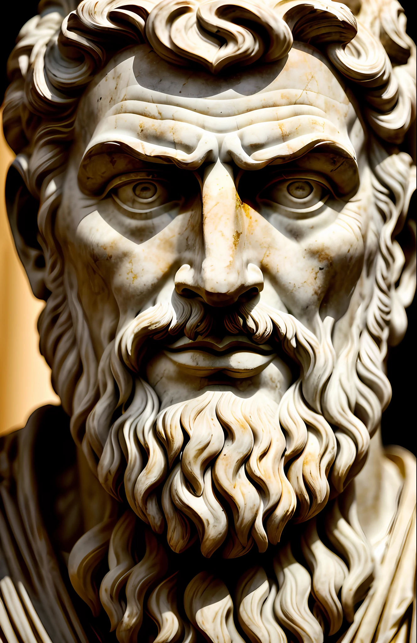 Close-up and a hyper-realistic marble statue of Greek philosopher Epicurus with the oracle of Delphi in the background