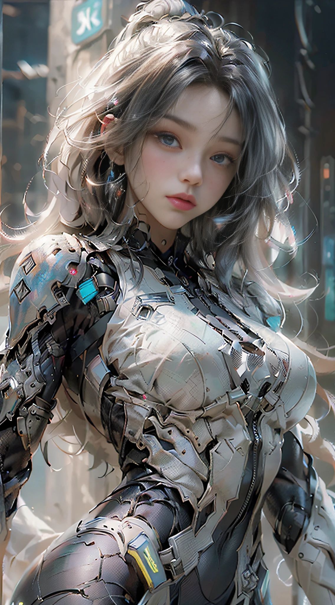 ((Best Quality)), ((Masterpiece)), (Detail: 1.4), (Extremely Detailed CG Uniform 8k Wallpaper), 3D, A Beautiful Cyberpunk Female Figure, HDR (High Dynamic Range), Ray Tracing, NVIDIA RTX, Super-Resolution, Unreal 5, Subsurface Scattering, PBR Texture, Post-processing, Anisotropy Filtering, Depth of Field, Maximum Sharpness and Sharpness, Multi-layer Texture, Albedo and Highlight Maps, Surface coloring, precise simulation of light-material interactions, perfect proportions, Octane Render, two-color light, large aperture, low ISO, white balance, rule of thirds, 8K RAW, finger detailing, refined facial features, focus on the face