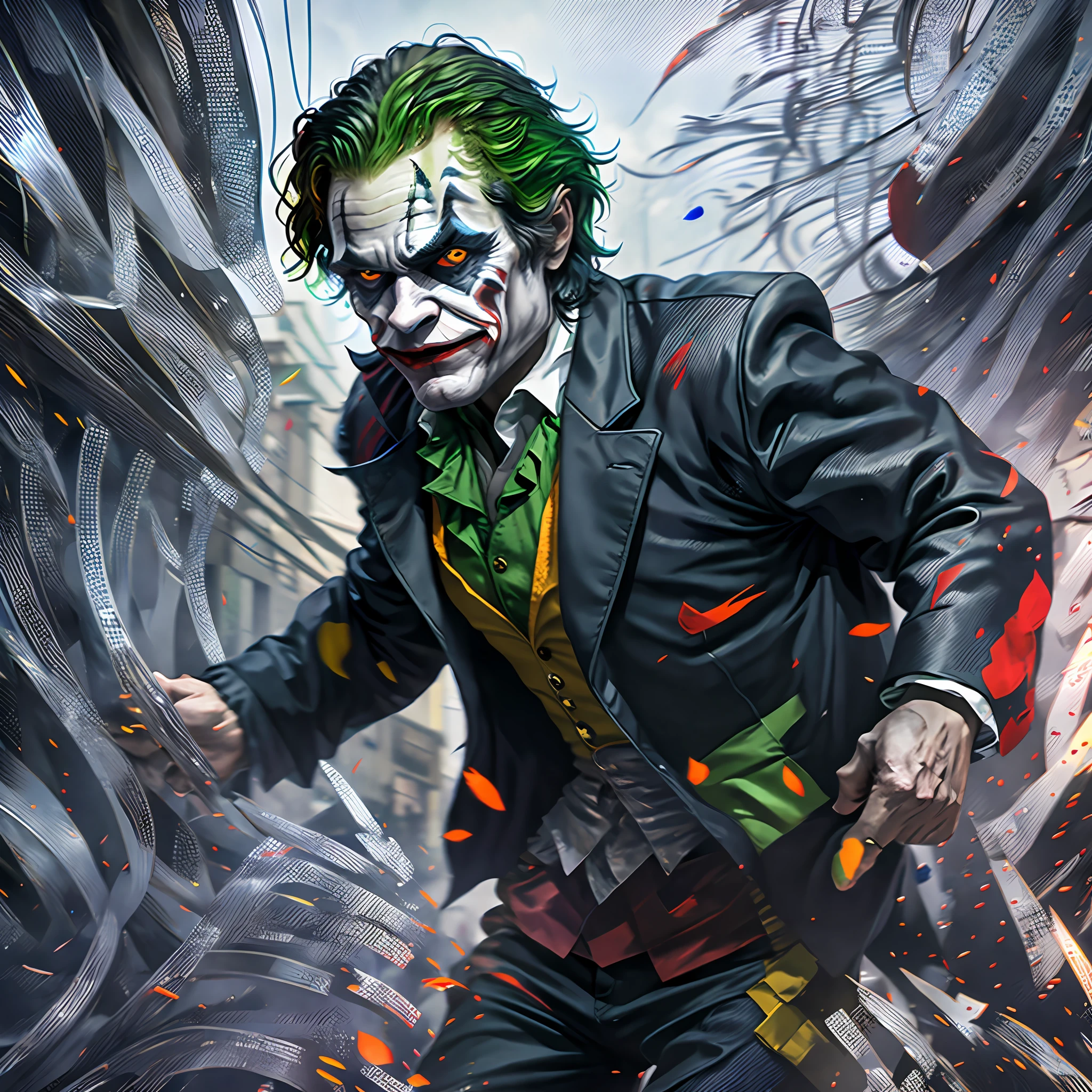 Actor Willem Dafoe wearing the joker cosplay, crazy expression, whole white eyes, hero pose running in a background in a Rio de Janeiro favela --auto --s2