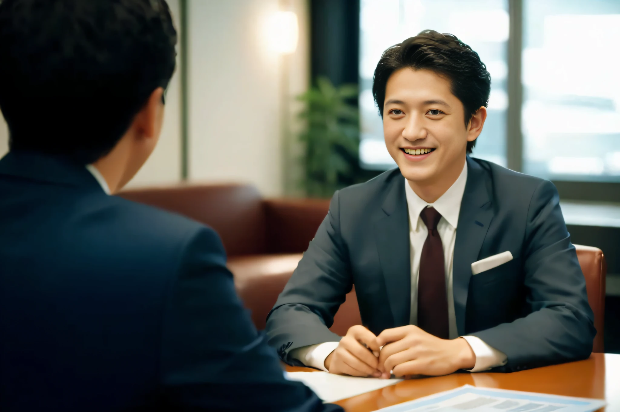 (masterpiece), ultra-high definition CG unified 8k wallpaper, 4K+ resolution, (one smiling Japan man in a blue suit), (sitting across from the man), interview, portrait of Shun Oguri, interview, Takashi Somachi, Kosuke Ono, (office scene of Japan), paper documents on the table.