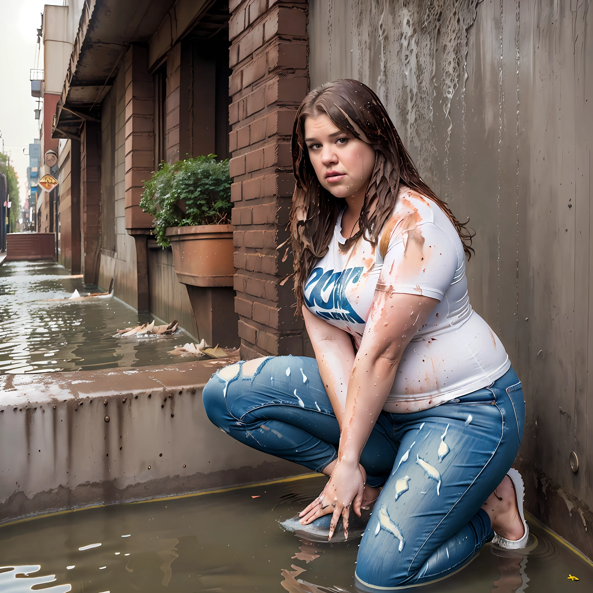 ((Overweight)) ((chubby)), Kelly Clarkson, small breasts, long brown hair, wearing jeans, t-shirt, runners, subject kneeling in sewerage water ((messy clothes:1.1)) (((full body shot))) (((full length))) (((view side on))) (masterpiece) ((cinematic look))