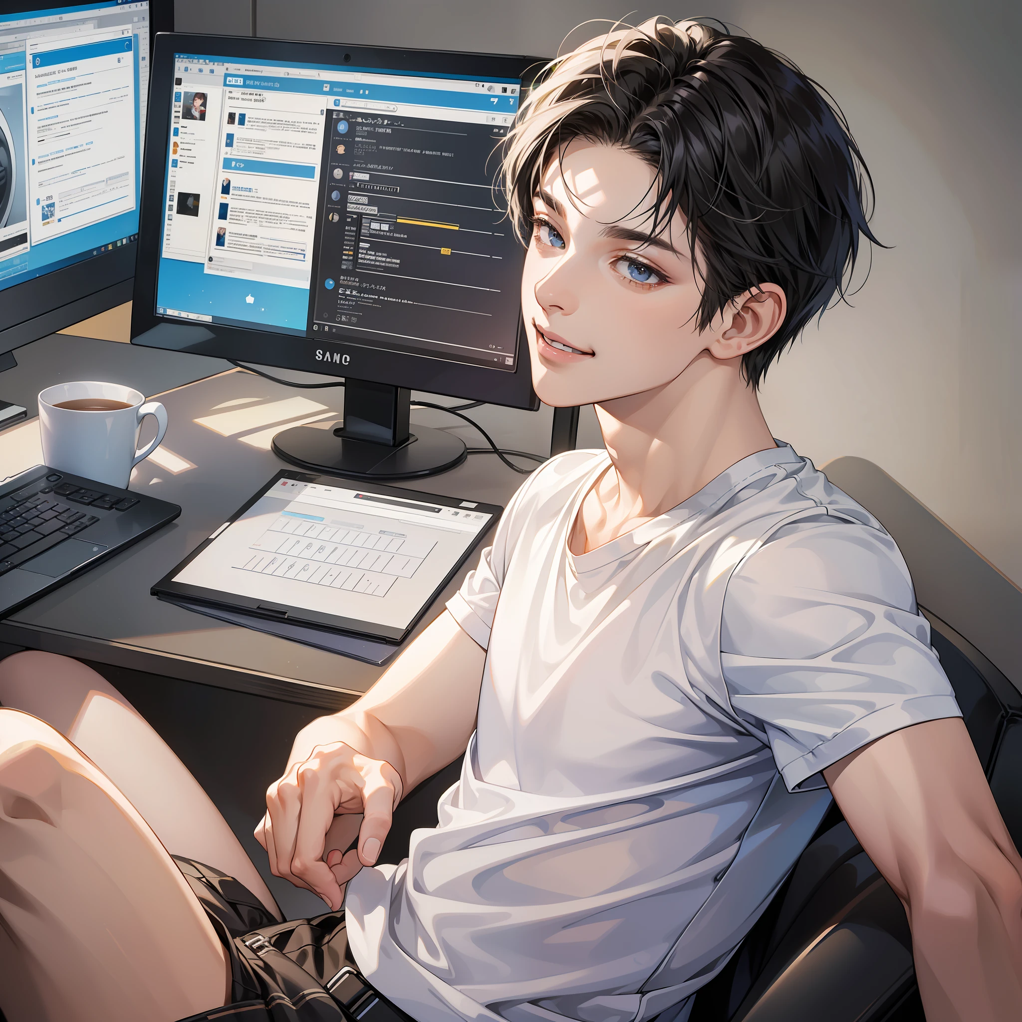 Masterpiece, high quality, best quality, HD, realistic, perfect lighting, detailed face, detailed body, 1 man, short black hair, white t-shirt, (smile emoji: 1.5) (face smile: 1.5), wave goodbye, sitting, computer monitor