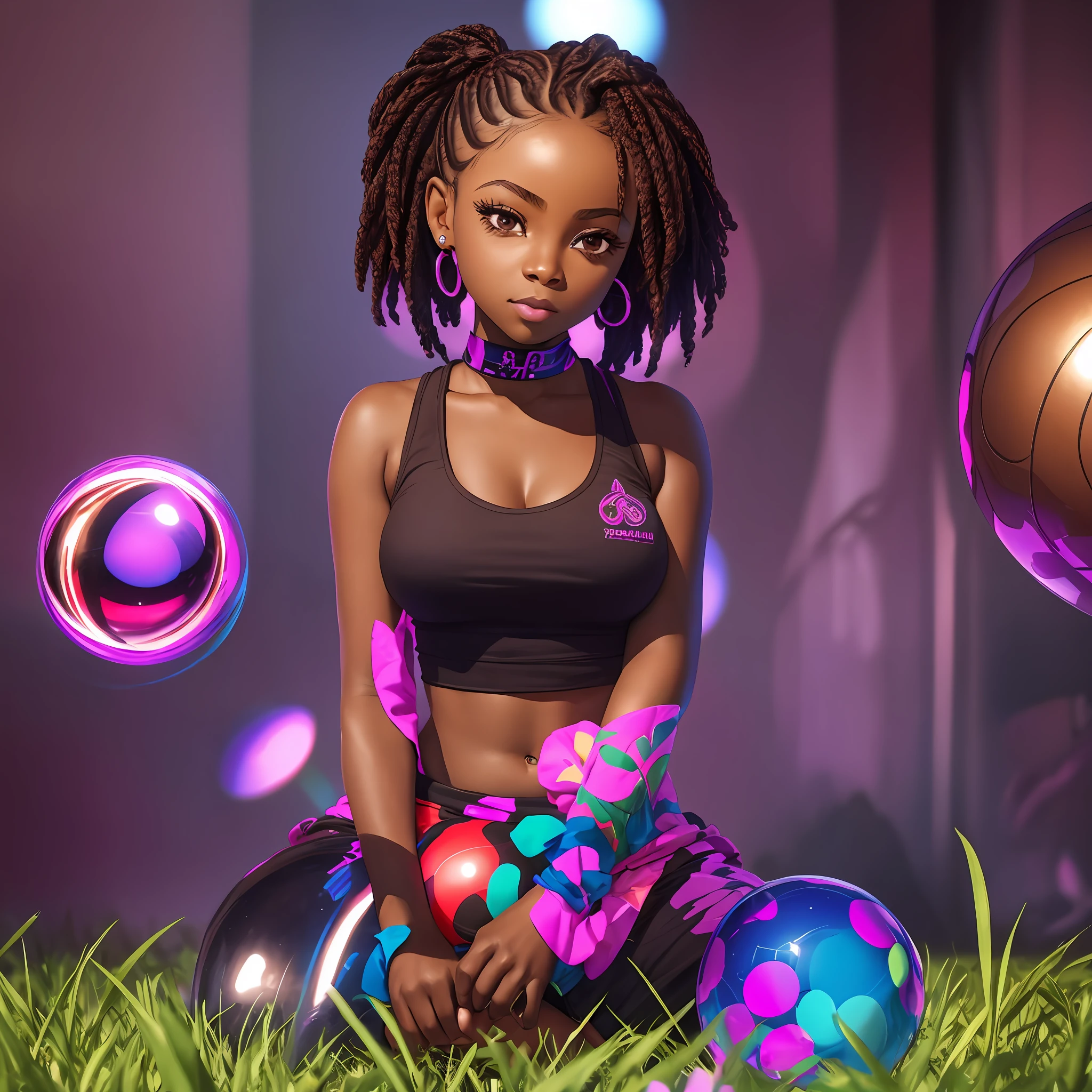 realistic portrait of cute African American  ((dark brown skin color)), big eyes, sitting playing with a ball, ((chibi)), ((ball)), ((grass)), wearing tank top, red pants and red shoes, current fashion, braided style hair, dark lighting background, close-up, product view, detailed facial details, perfect face, sharpness, trend art, sharp facial details, cgsociety, ultra high quality digital art, hyper details exquisite, 4k, 8k neon lighting, --iso 100 dreamy, fashion --auto --s2