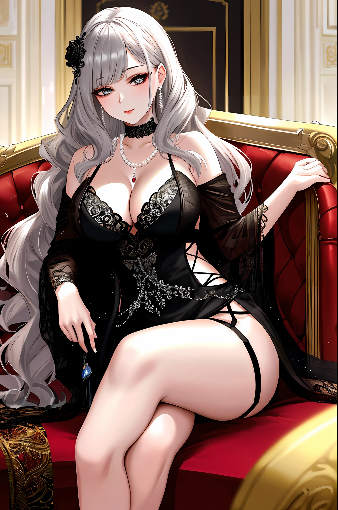 absurdity, intricate details, highly detailed 8K wallpaper, (Beautiful Madam), BREAK, women over 40, pearl necklaces, sexy long dresses, cleavage, side slits, garter belts, legs crossed, sitting on the sofa, wine, luxurious western room, heavy makeup, long hair, wavy hair,