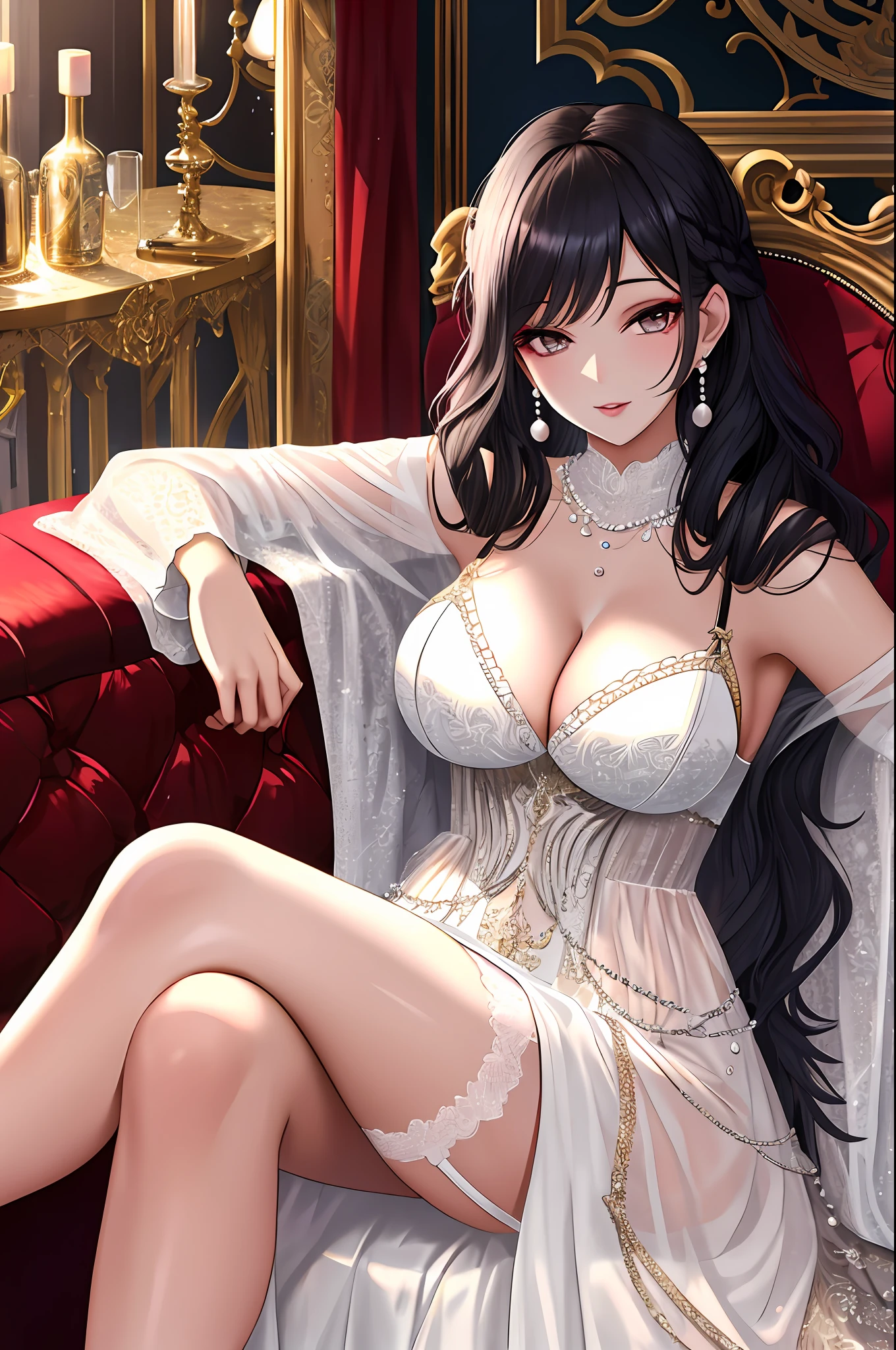 absurdity, intricate details, highly detailed 8K wallpaper, (Beautiful Madam), BREAK, women over 40, pearl necklaces, sexy long dresses, cleavage, side slits, garter belts, legs crossed, sitting on the sofa, wine, luxurious western room, heavy makeup, long hair, wavy hair,